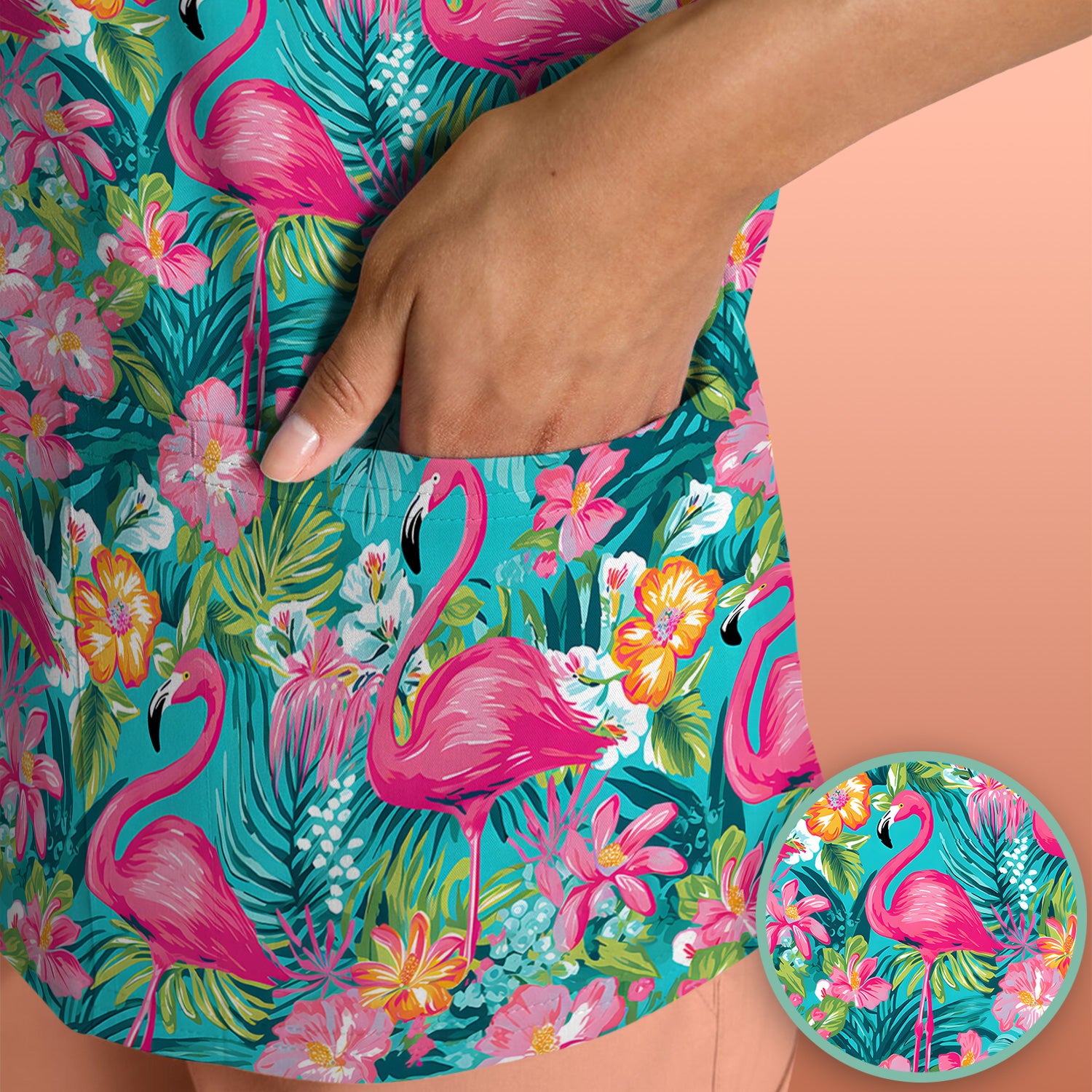 Tropical Flamingo Floral Pattern Scrub Top, Comfortable Scrubs for Nurses