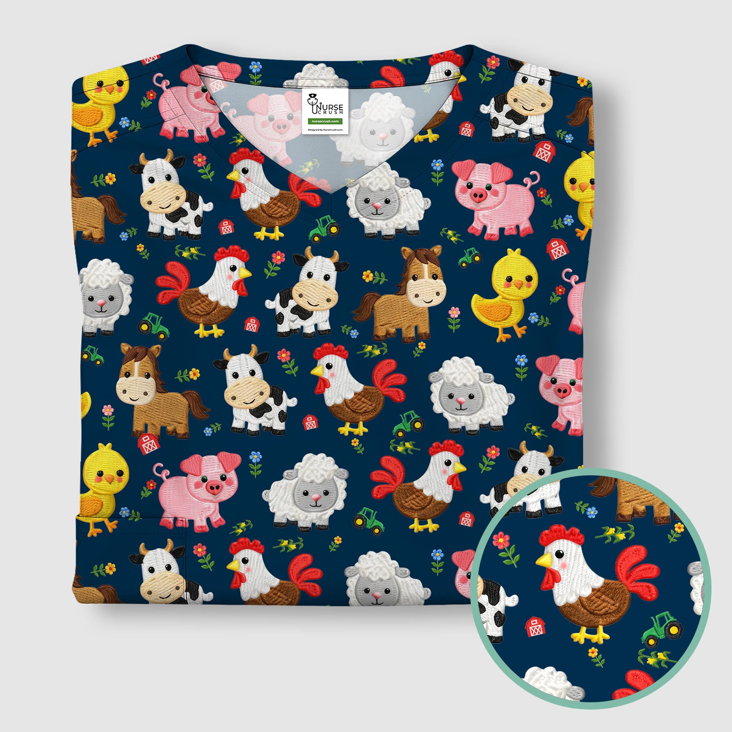 Cartoon Farm Animal Pattern Scrub Top, Breathable Fabrics Nursing Uniform
