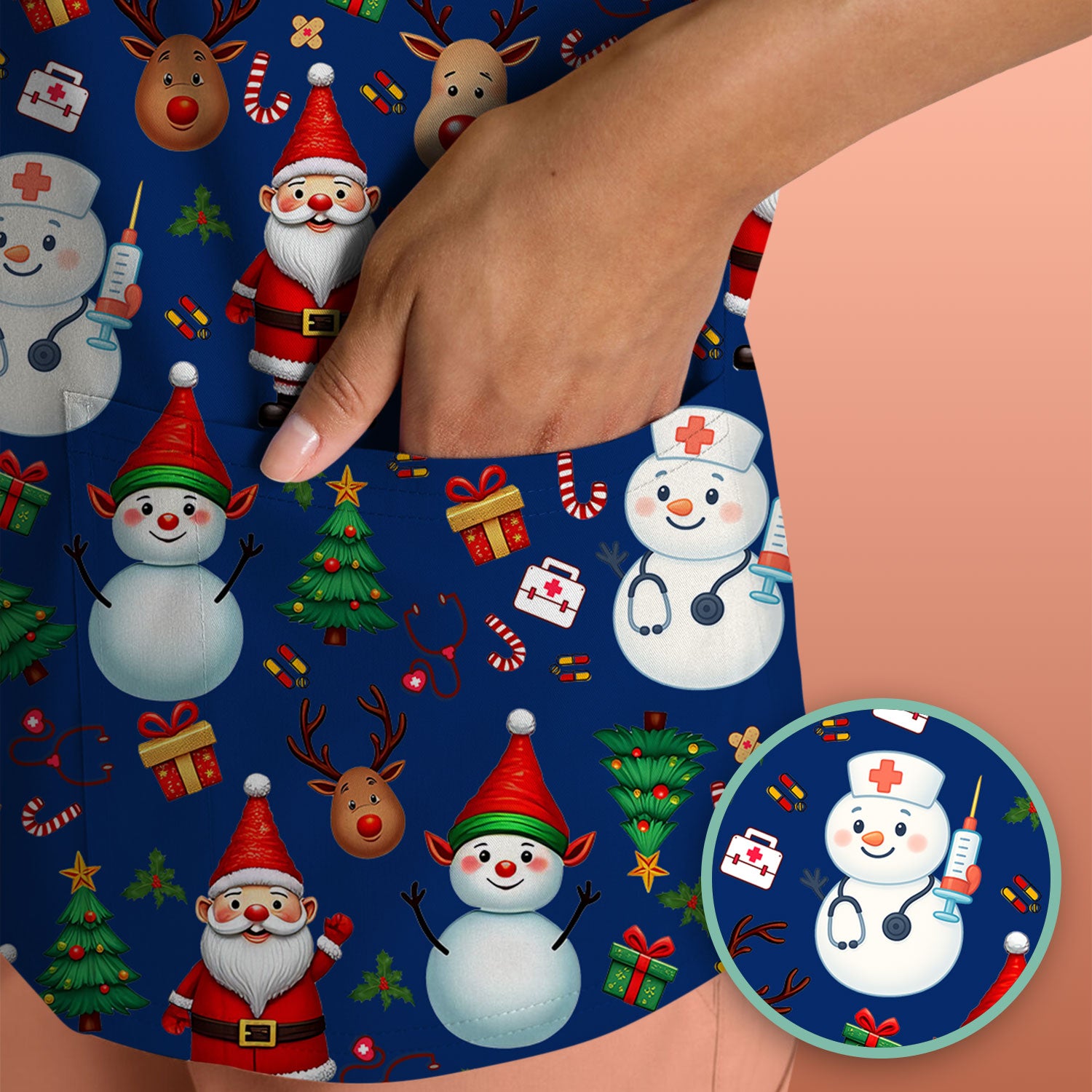 Christmas Scrub Top for Nurses - Cute Snowman Reindeer Santa Pattern - Holiday Medical Uniform RN CNA LPN Gift