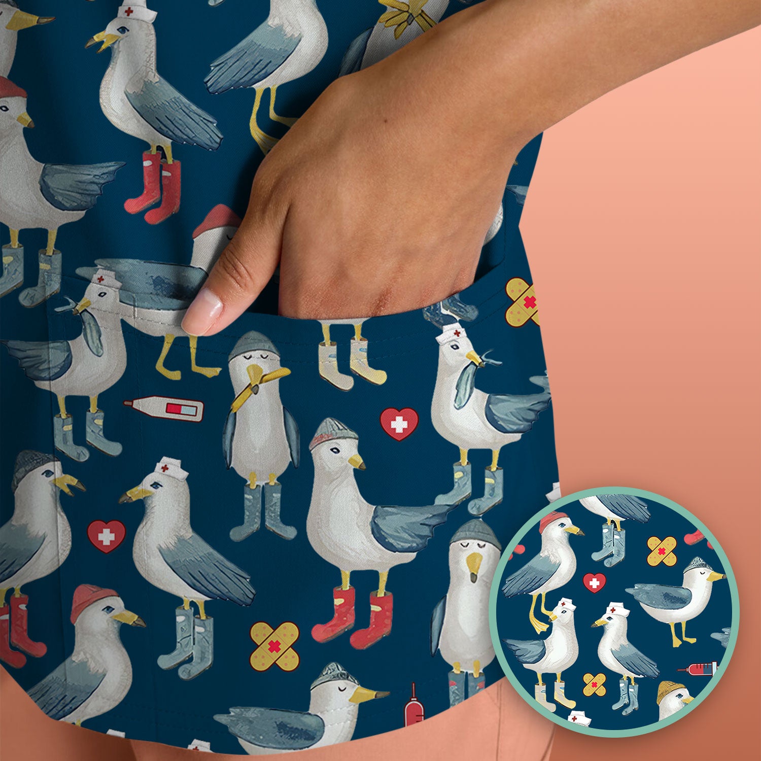 Funny Seagull Nurse Scrub Top - Cute Bird with Medical Icons - Comfortable Scrubs for Women