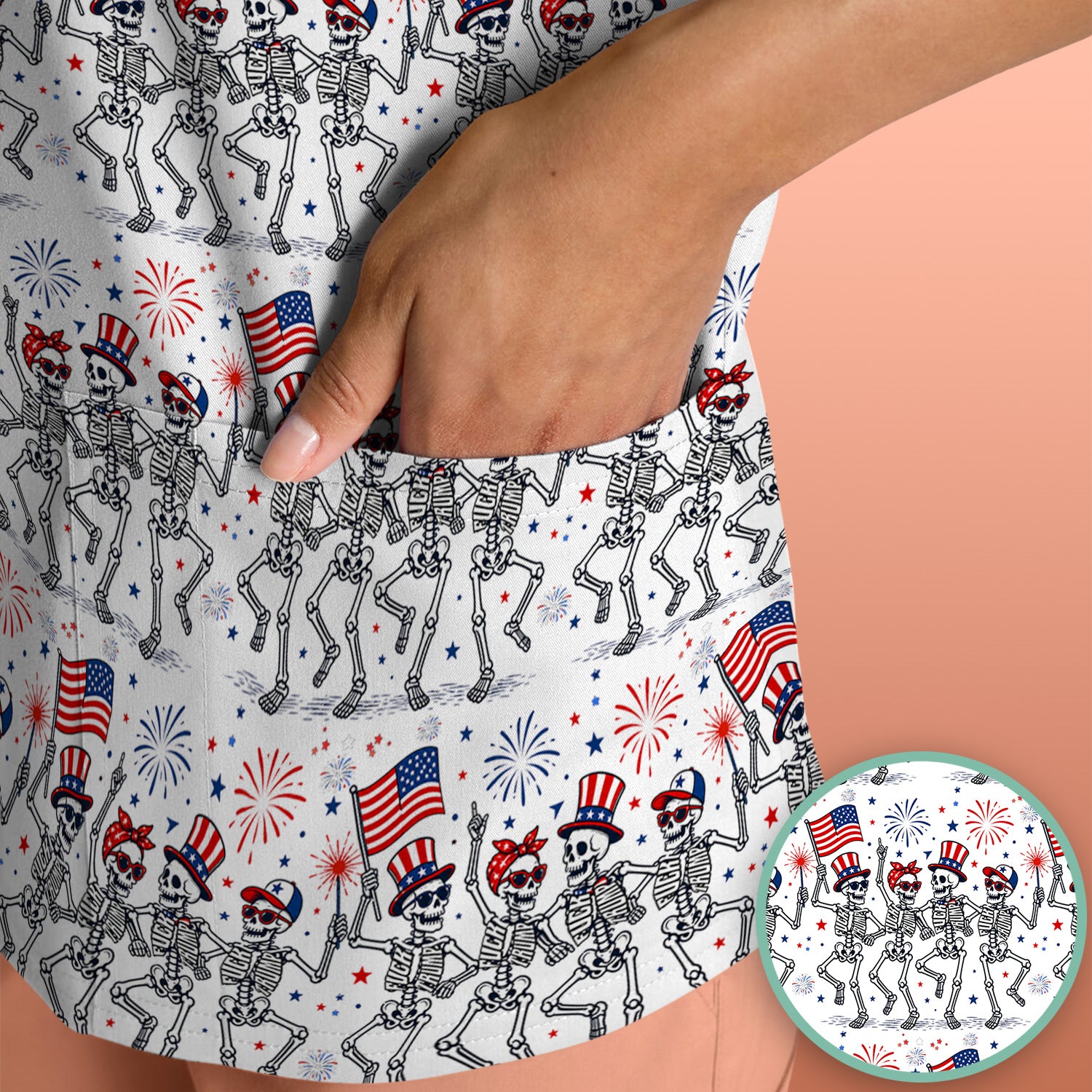 Funny Patriotic Skeleton Pattern, July 4 Medical Scrub Top, Comfortable Scrubs for Nurses