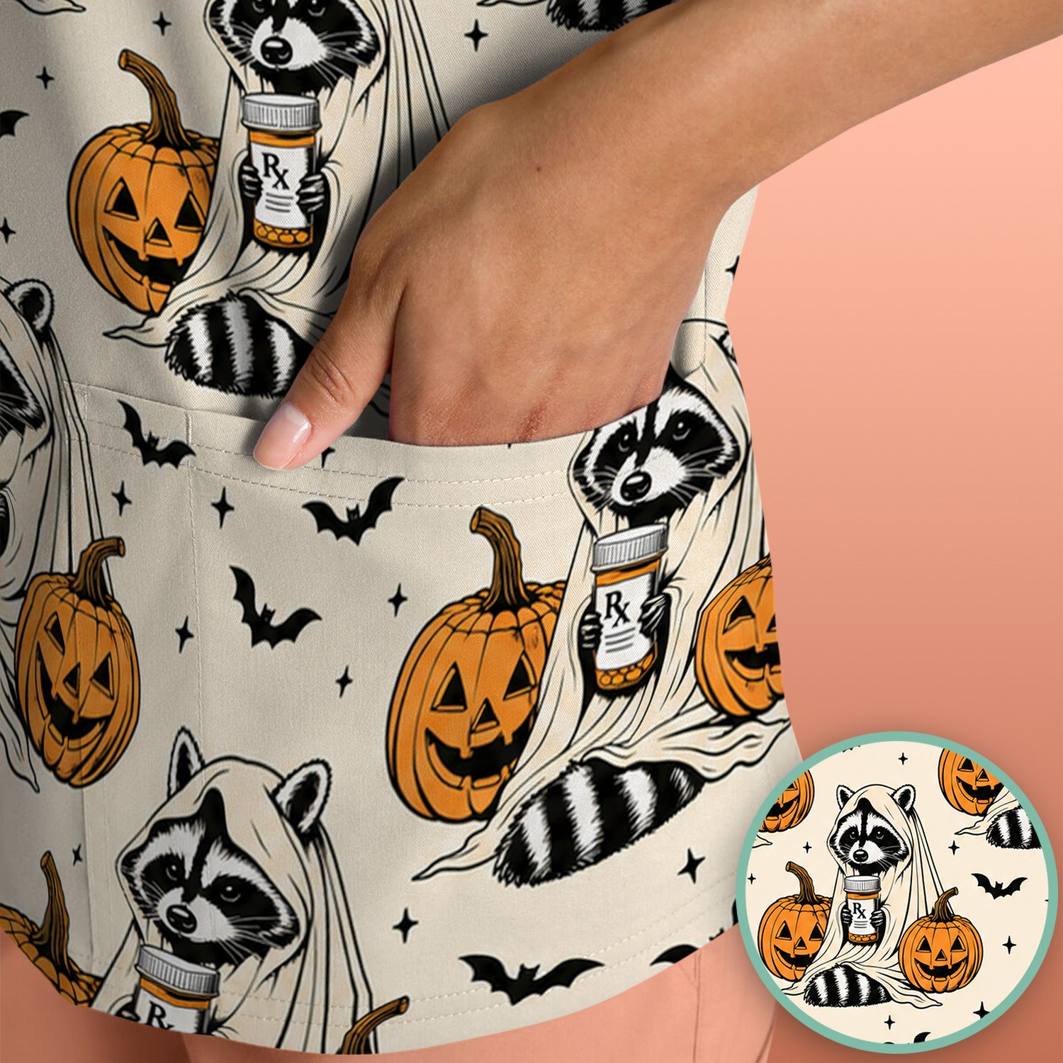 Halloween Raccoon with Pumpkin Bat Print Scrub Top, Comfortable Scrubs for Nurses