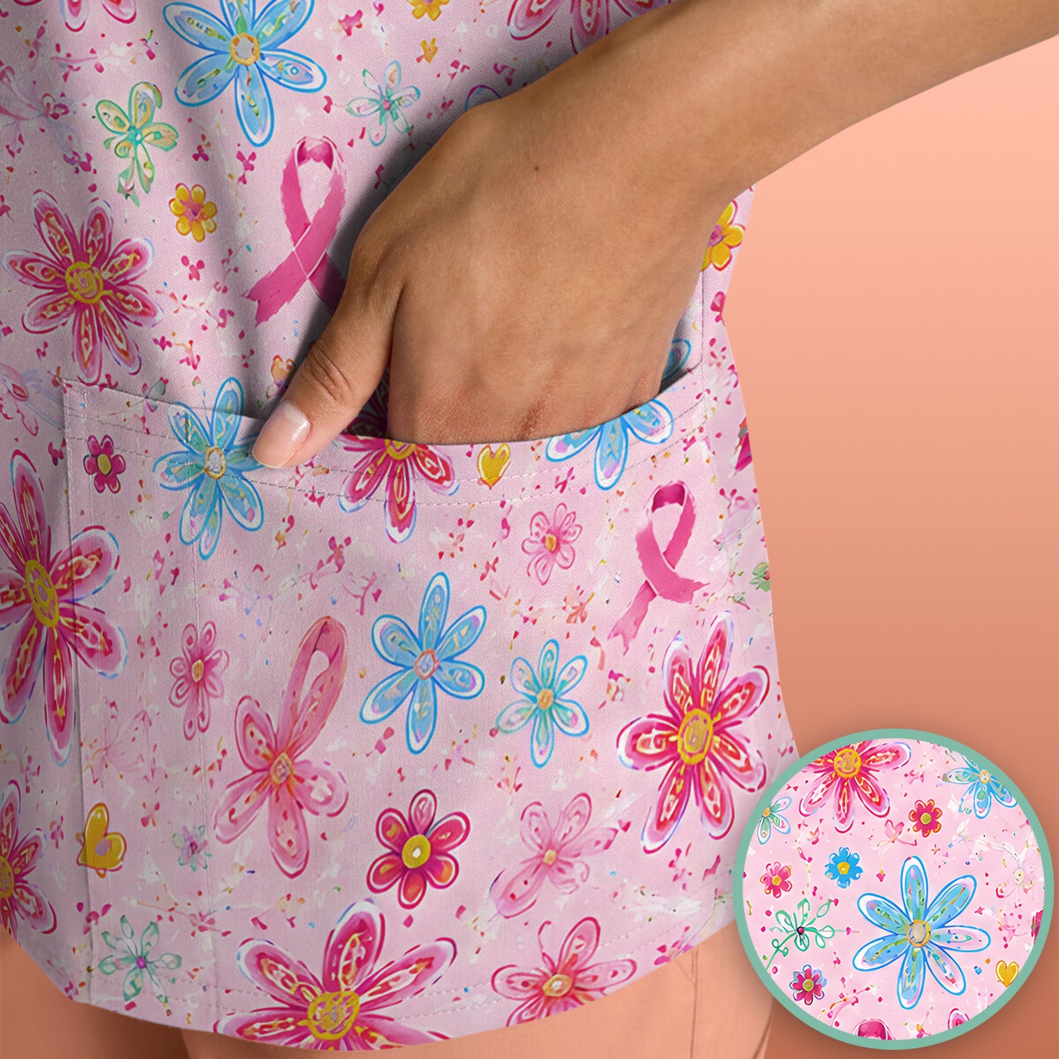 Floral Breast Cancer Awareness Print Scrub Top, Comfortable Scrubs for Nurses