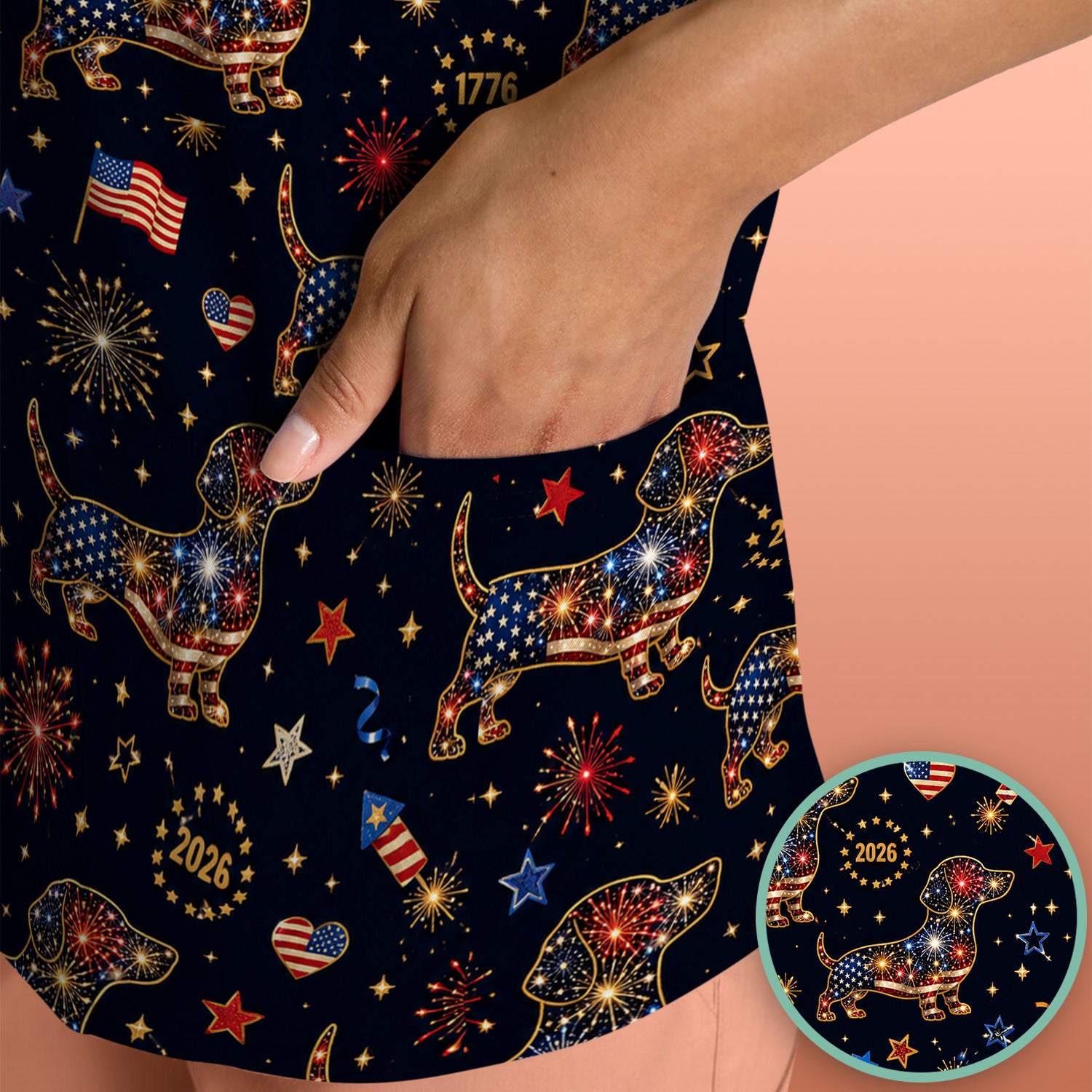 Patriotic Dachshund Fourth Of July Scrub Top, Comfortable Scrubs for Nurses