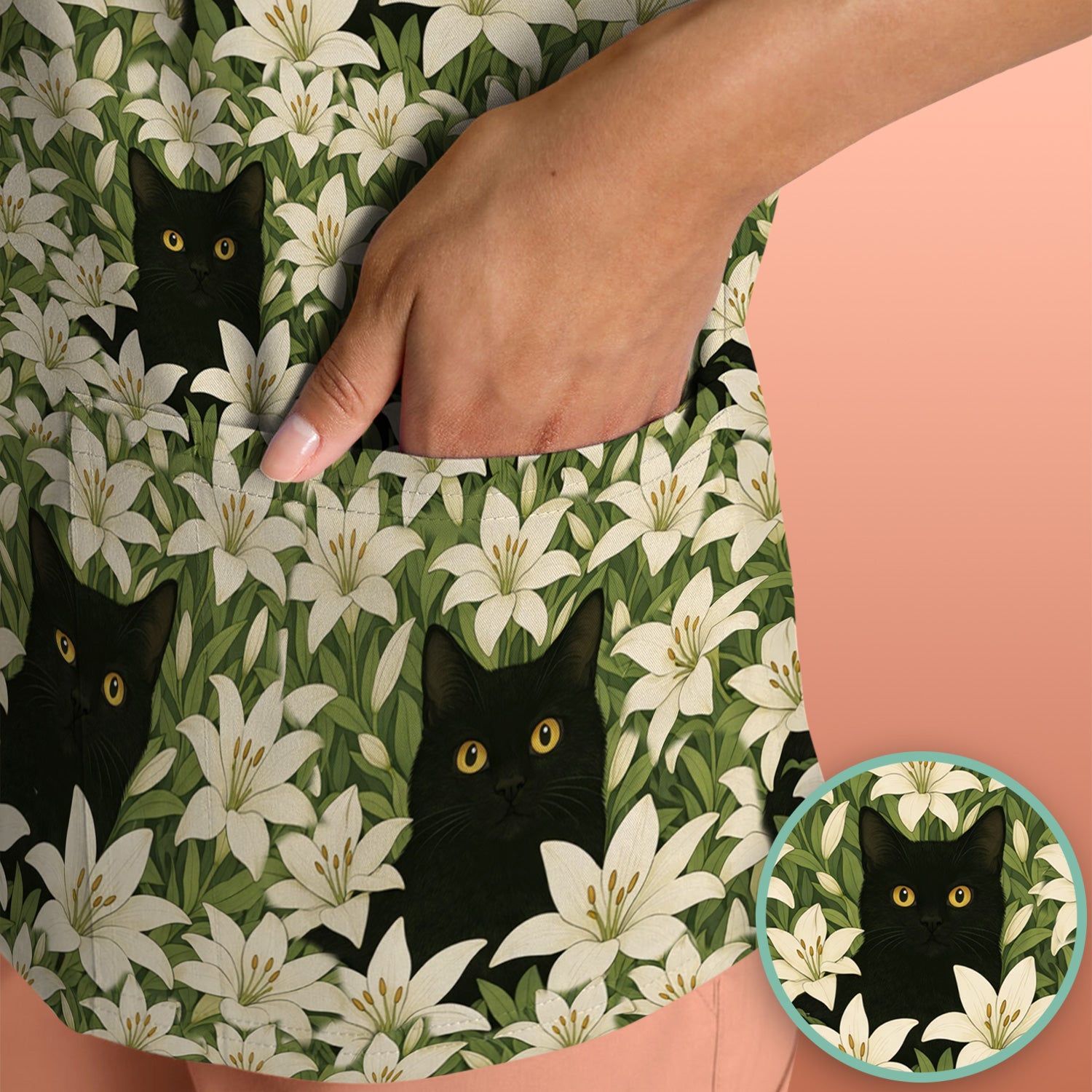 Black Cat Hidden In Lily Garden Pattern Scrub Top, Comfortable Scrubs for Nurses