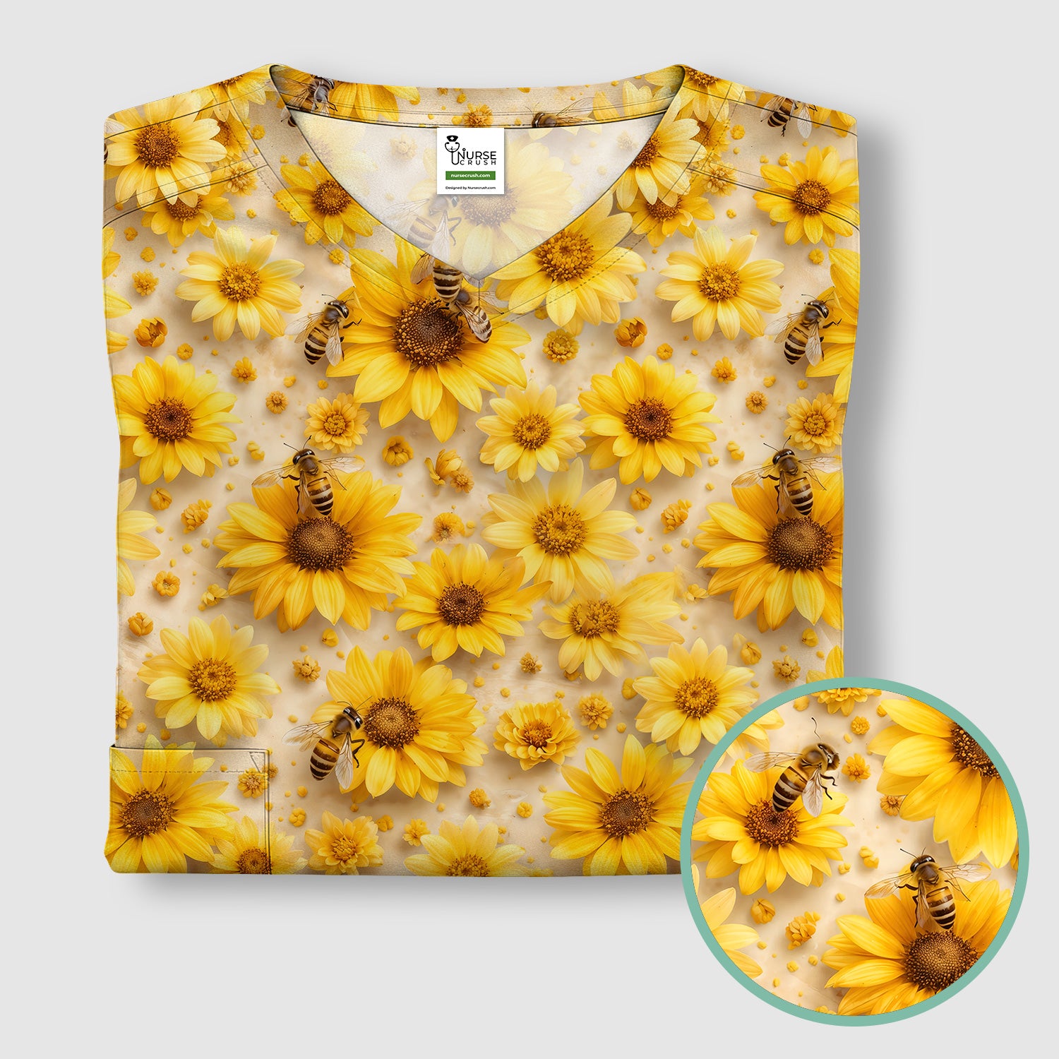 Yellow Sunflower Bee Garden Bloom Pattern Scrub Top, Breathable Fabrics Nursing Uniform