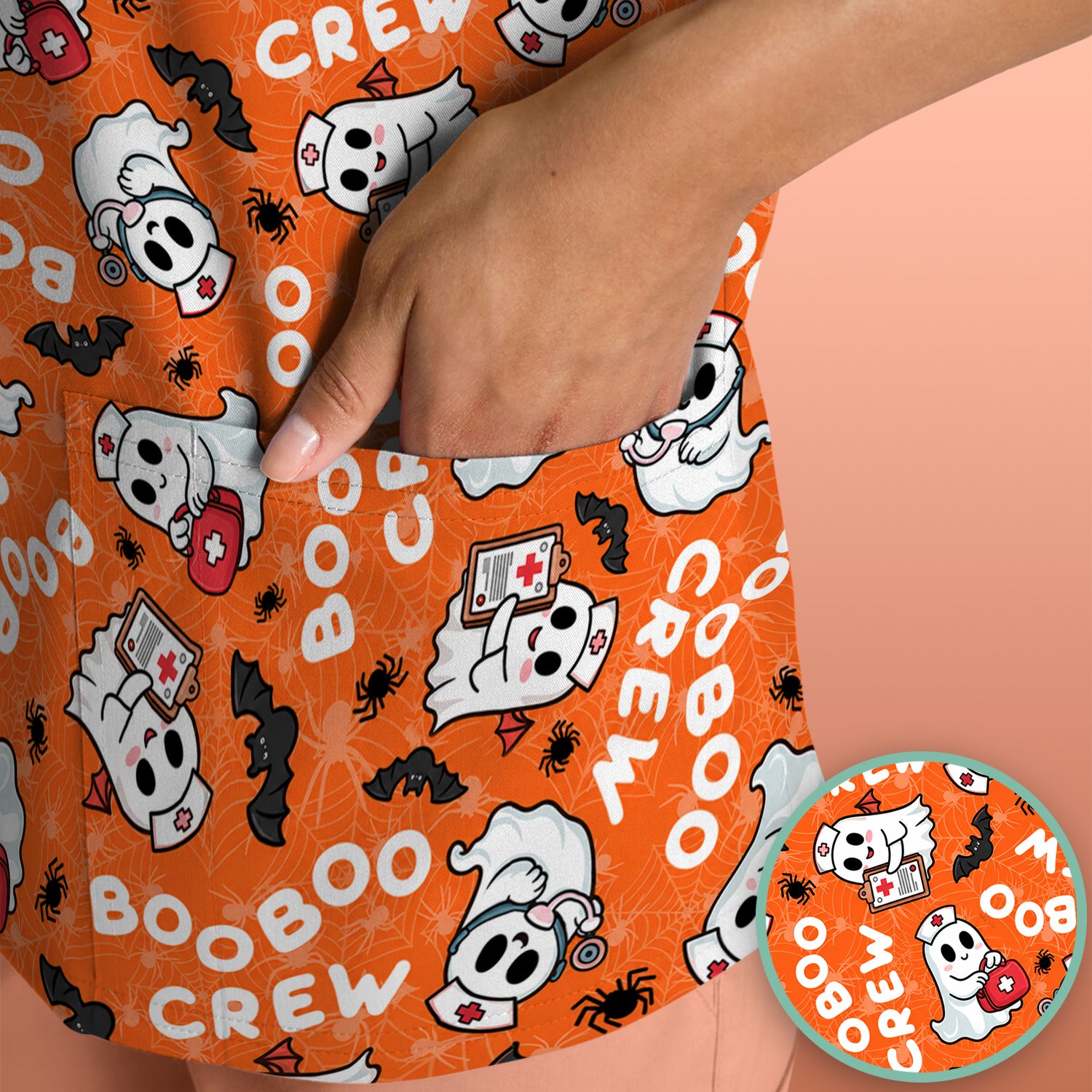 Cute Halloween Boo Boo Crew Ghost Scrub Top, Comfortable Scrubs for Nurses