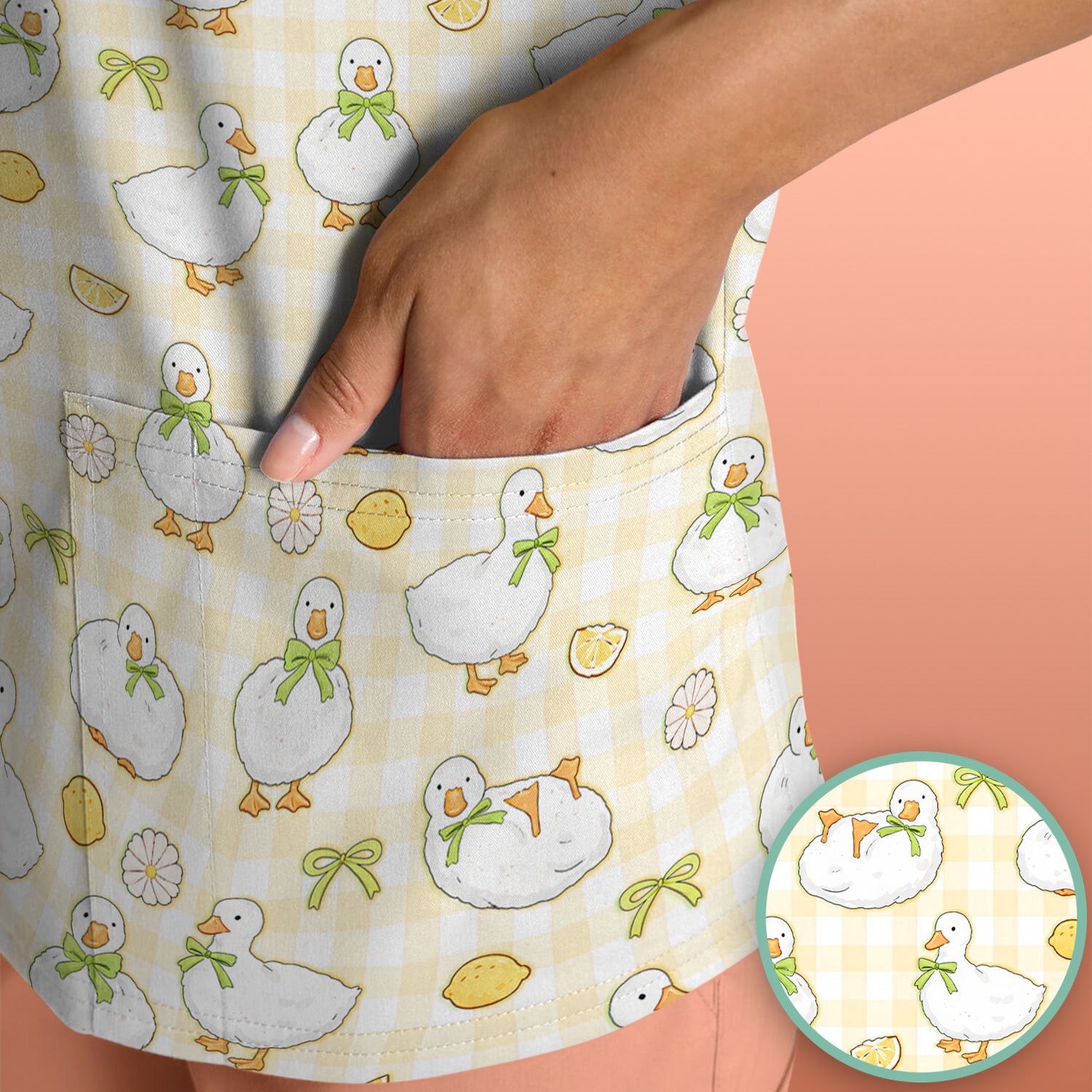Adorable Ducks Lemon Daisy Pattern Scrubs Top, Comfortable Scrubs for Nurses