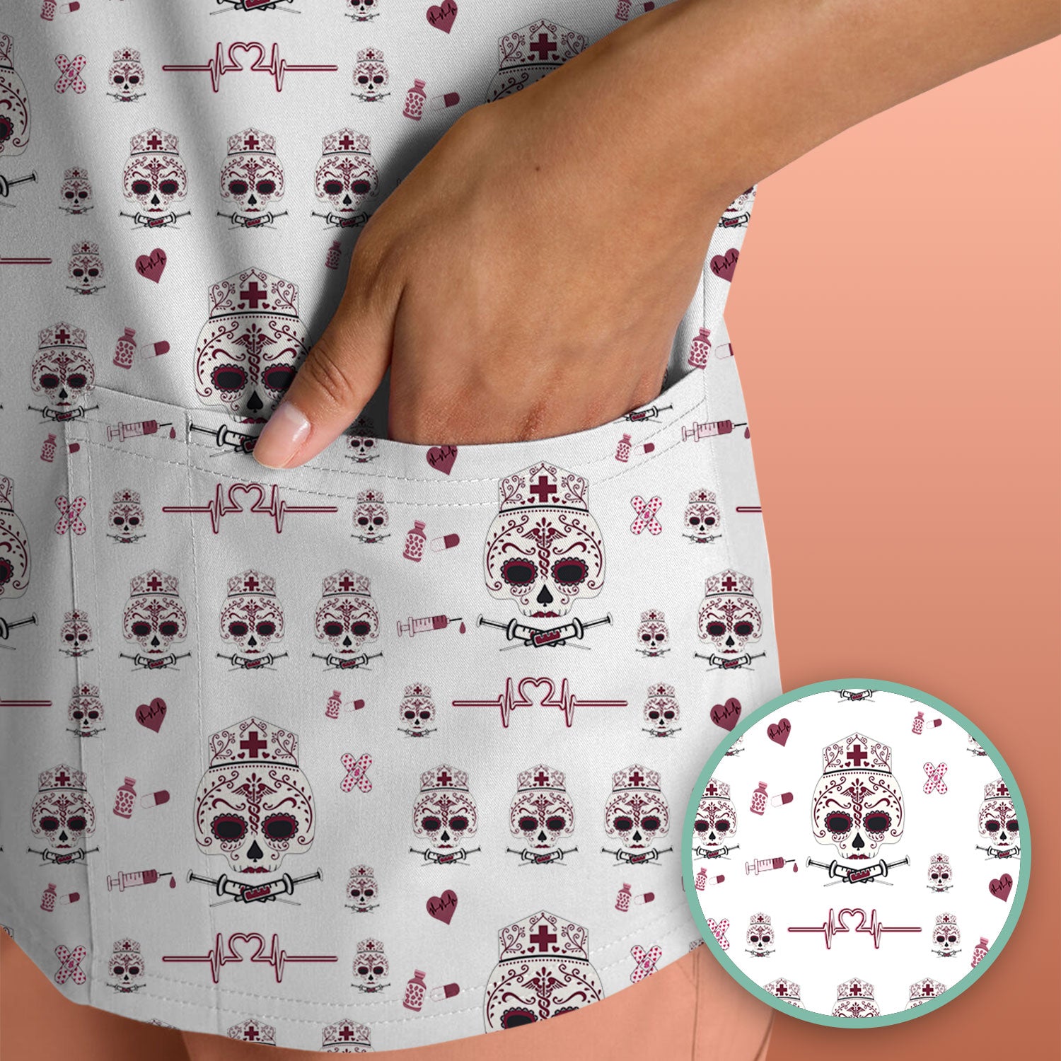 Sugar Skull Scrub Top, Skull Pattern Scrub Shirt, Breathable Fabrics Nursing Uniform