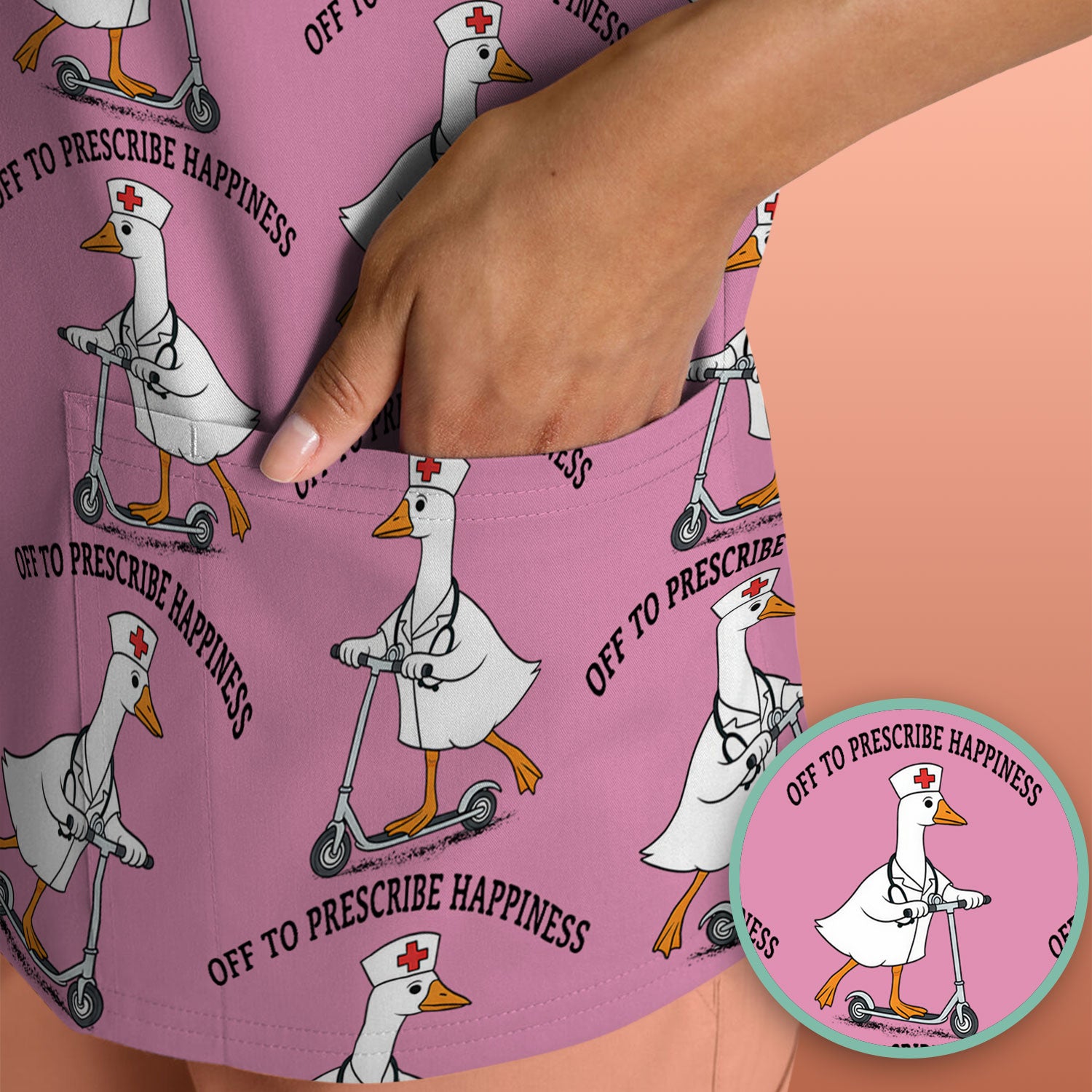 Nurse Goose Scooter Print Scrub Top, Breathable Fabrics Nursing Uniform