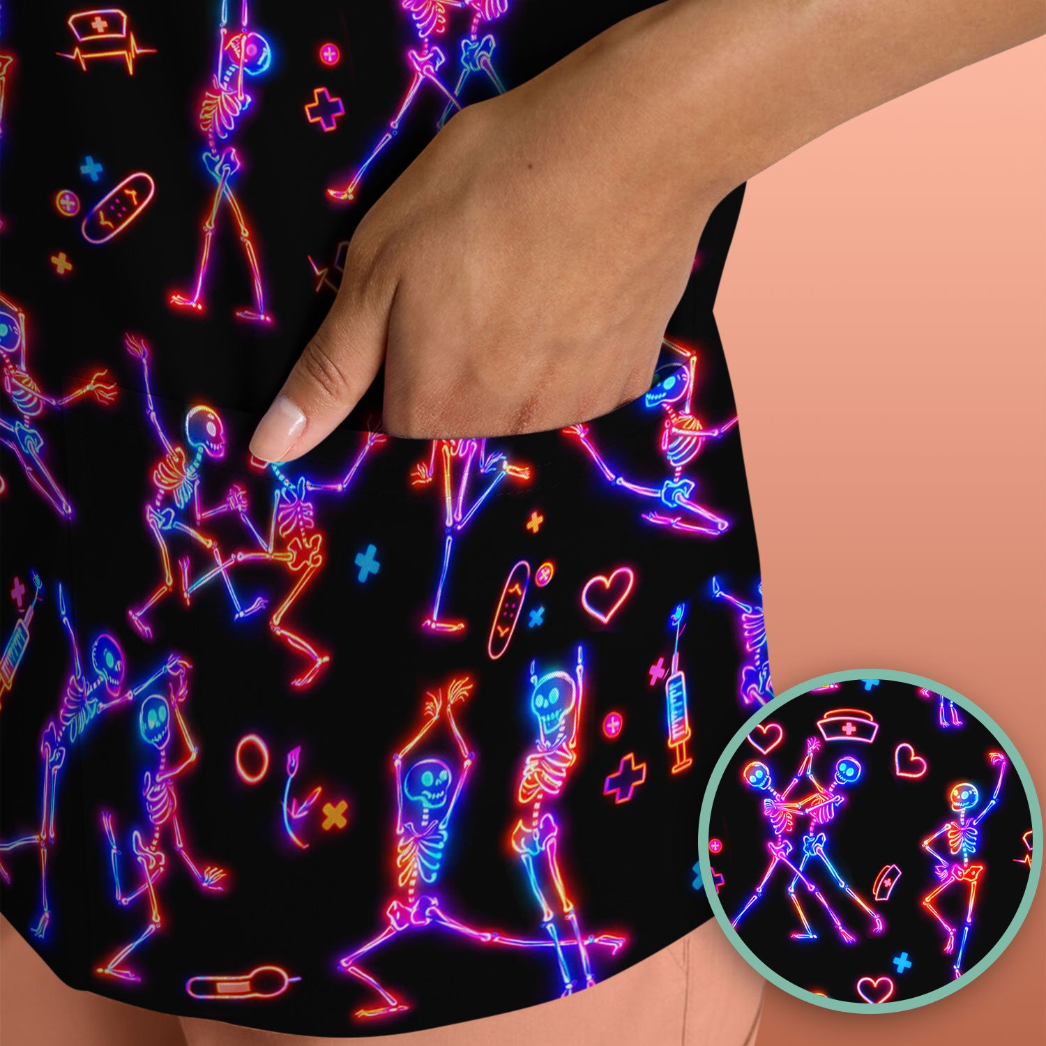 Neon Dancing Skeleton Medical Pattern Scrub Top, Comfortable Scrubs for Nurses