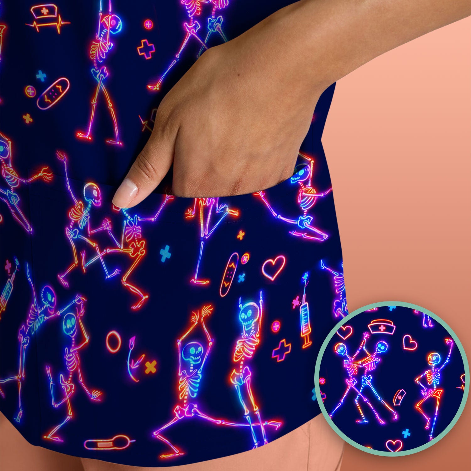 Neon Dancing Skeleton Medical Pattern Scrub Top, Comfortable Scrubs for Nurses