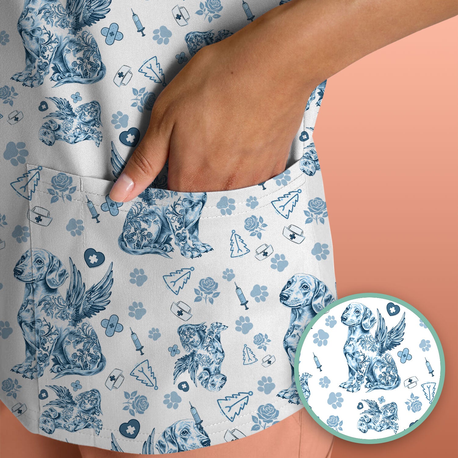 Toile de Jouy Dachshund Angel Scrub Top - Blue Vintage Dog Nurse Shirt - Memorial Christmas Gift