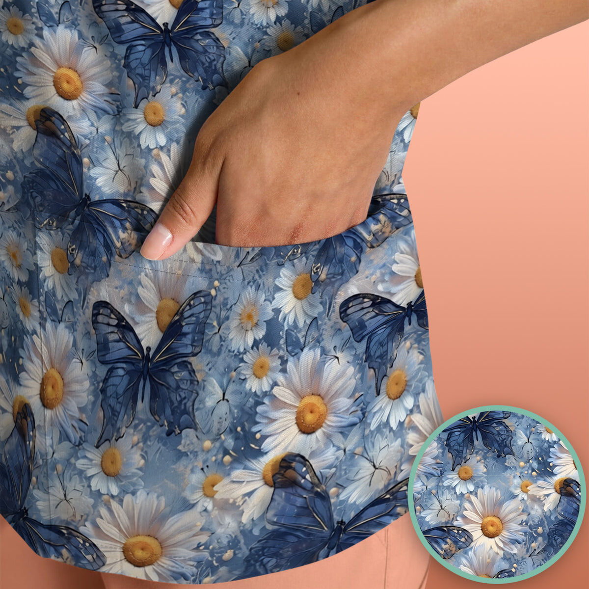 Blue Daisy Butterfly Print Scrub Top, Comfortable Scrubs for Nurses