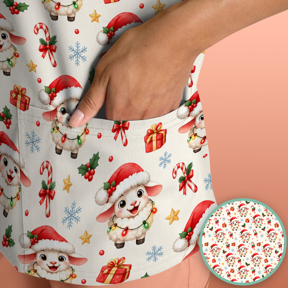 Christmas Lamb With Lights Scrub Top, Comfortable Scrubs for Nurses