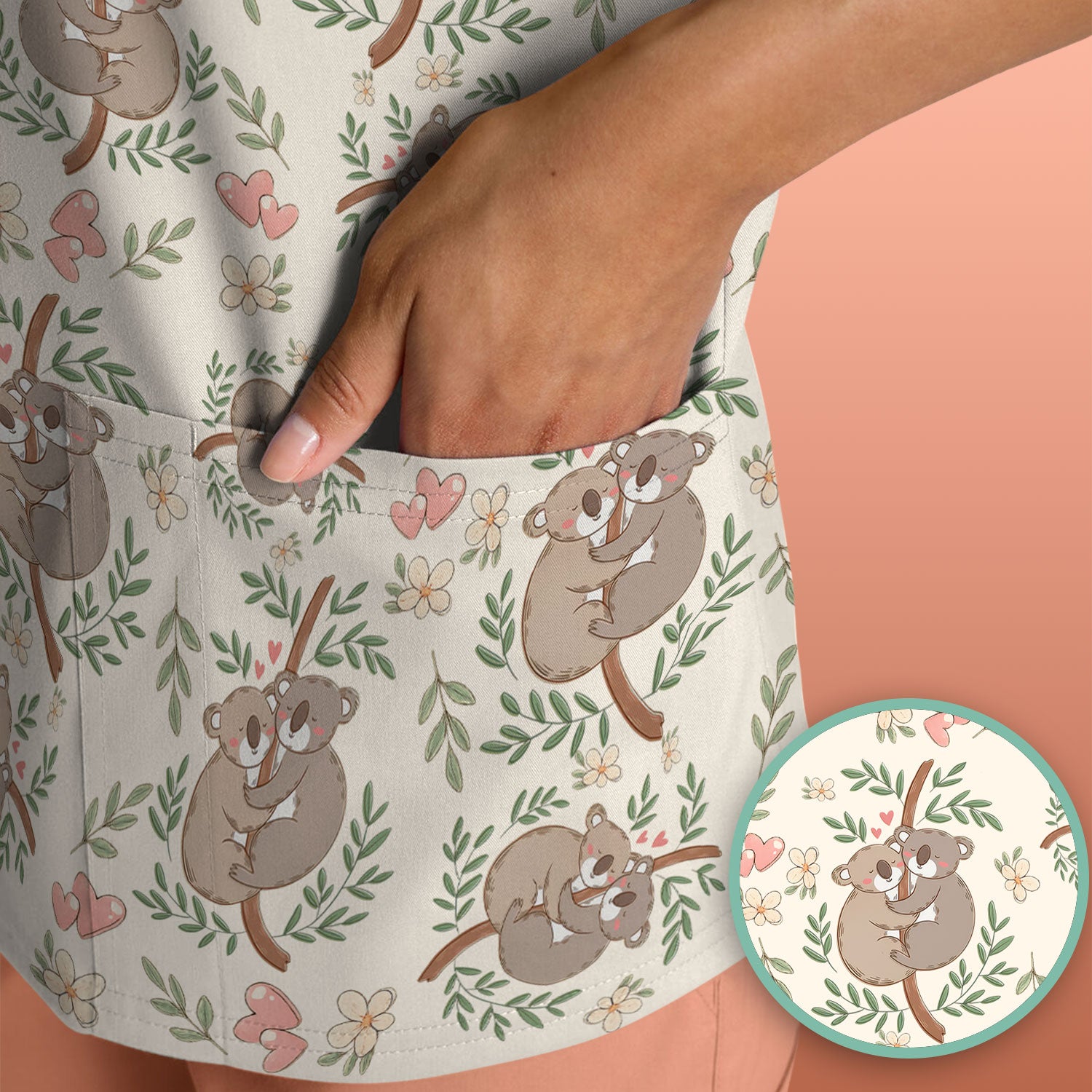 Cute Koala Love Pattern Medical Scrub Top, Breathable Fabrics Nursing Uniform