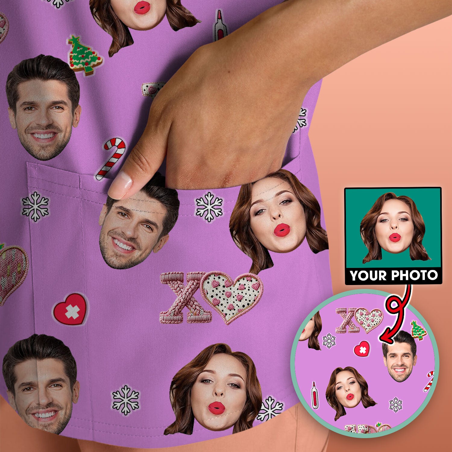 Custom Face Pattern XOXO Scrub Shirt, Personalized Photo Scrub Top, Breathable Fabrics Nursing Uniform