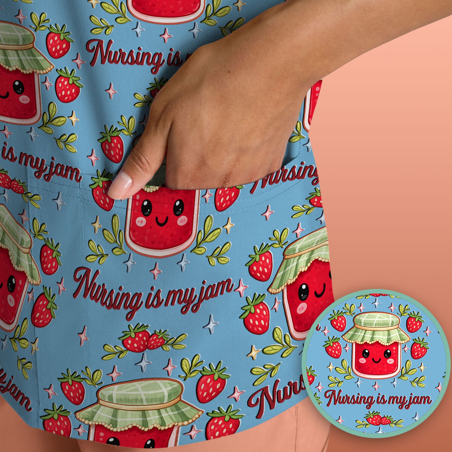 Cute Strawberry Jam Nurse Pattern Scrub Top, Breathable Fabrics Nursing Uniform