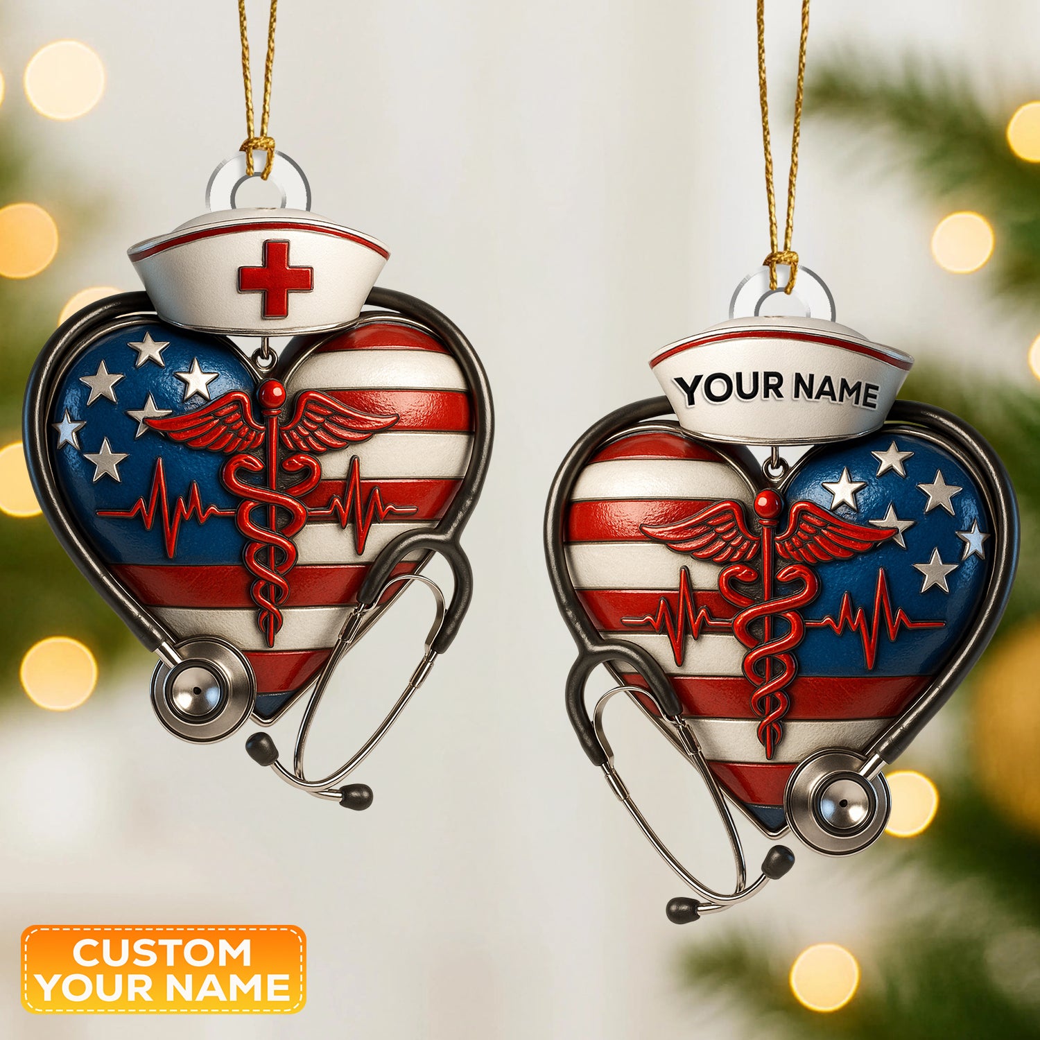 Personalized Nurse Heart Ornament, Custom Name USA Flag Medical Ornament, Healthcare Worker Christmas Tree Decor, Nurse & Doctor Holiday Gift