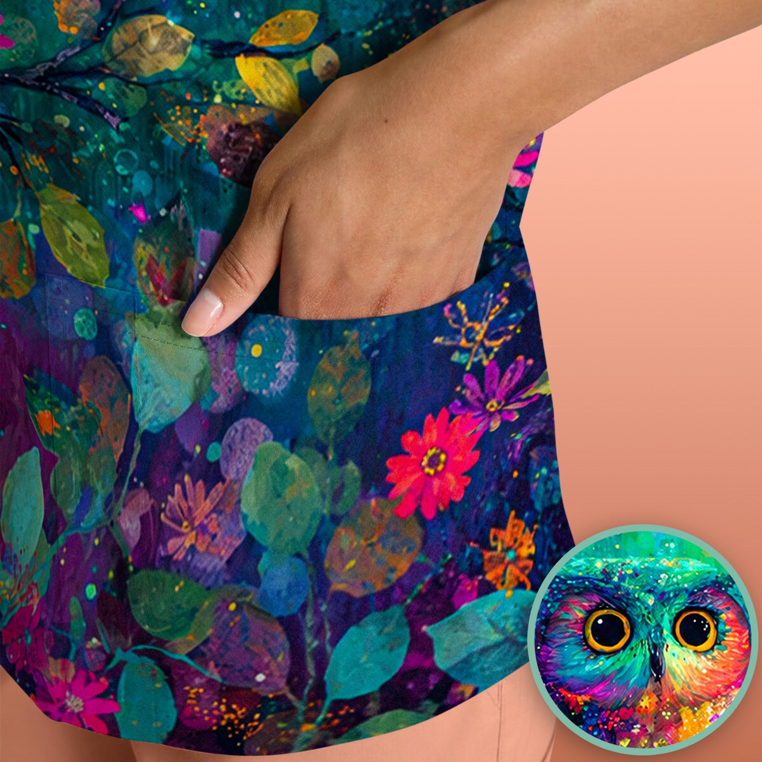 Colorful Owl Forest Pattern Scrub Top, Comfortable Scrubs for Nurses