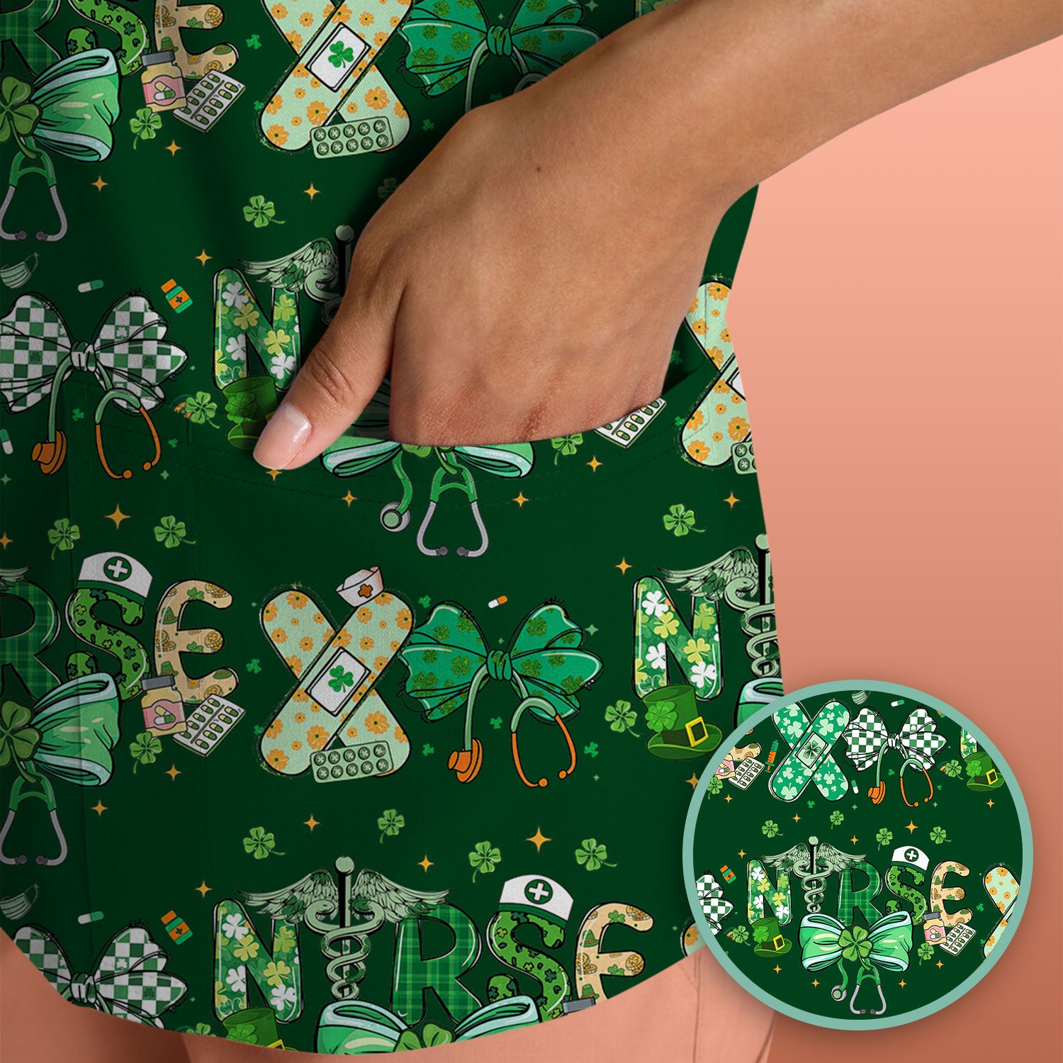 St. Patrick’s Nurse Scrub Top, Lucky Clover And Green Bow Pattern Nurse Shirt, Breathable Fabrics Nursing Uniform