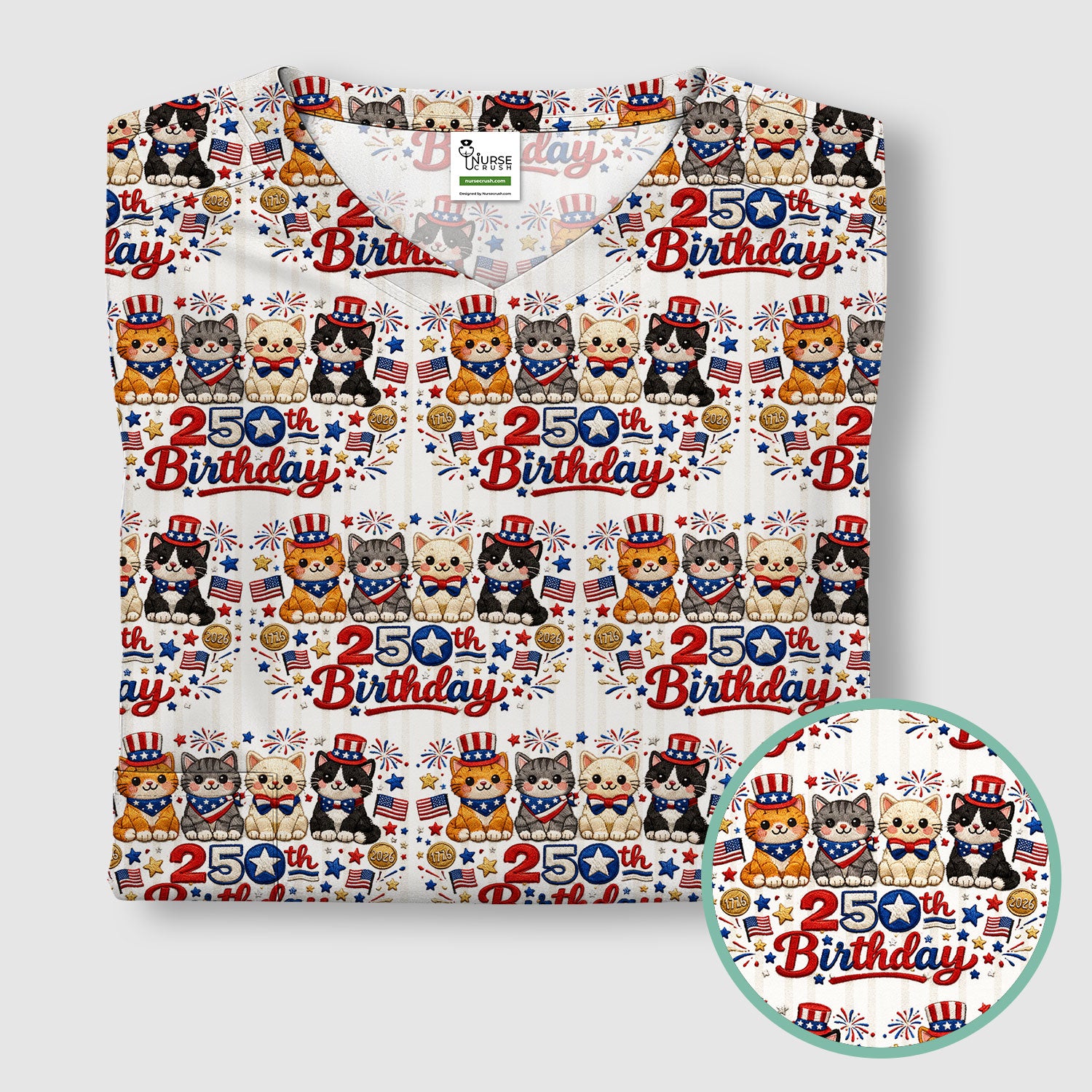 America 250th Anniversary Cat Pattern Scrub Top, Comfortable Scrubs for Nurses