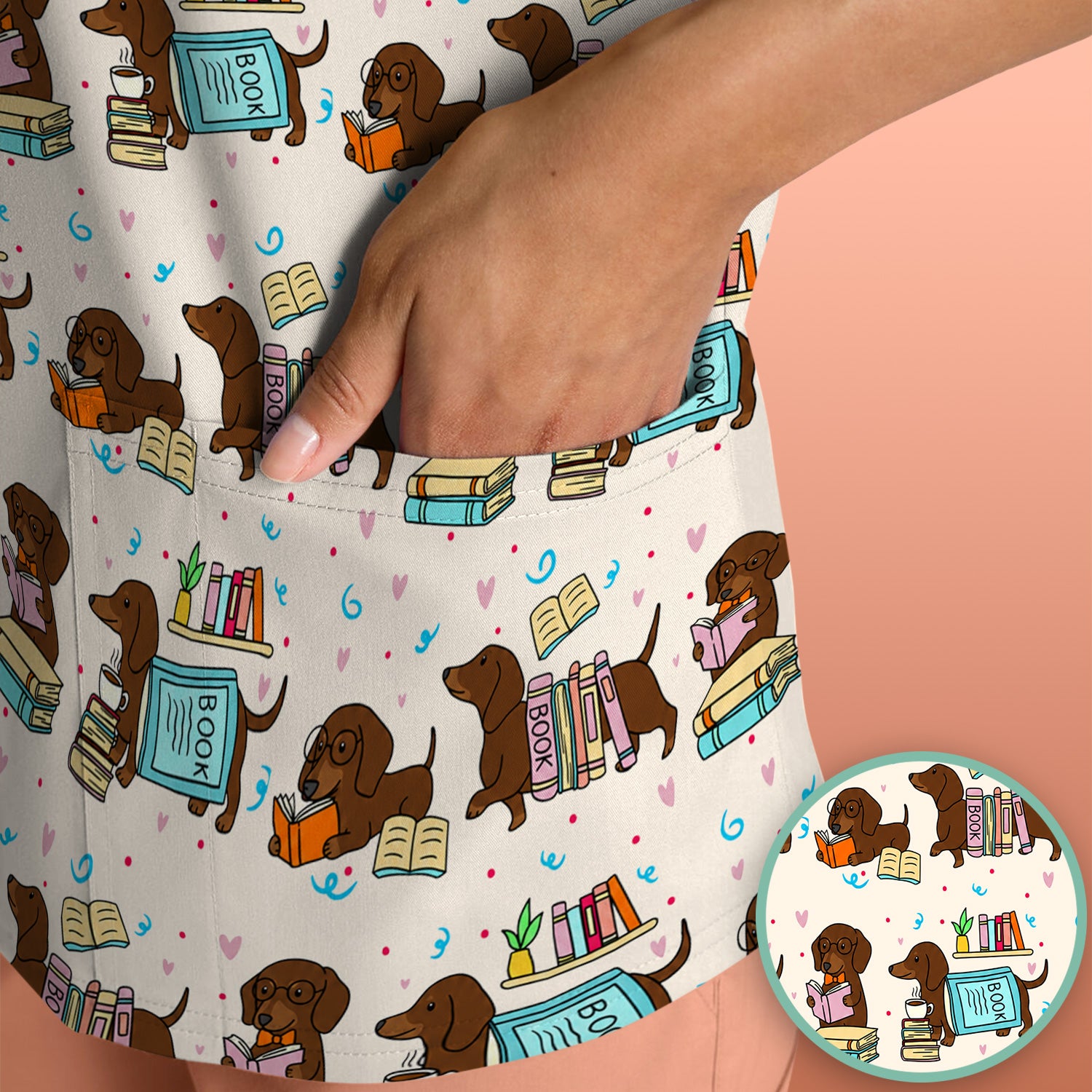 Cute Bookish Dachshund Reading Scrub Top, Comfortable Scrubs for Nurses