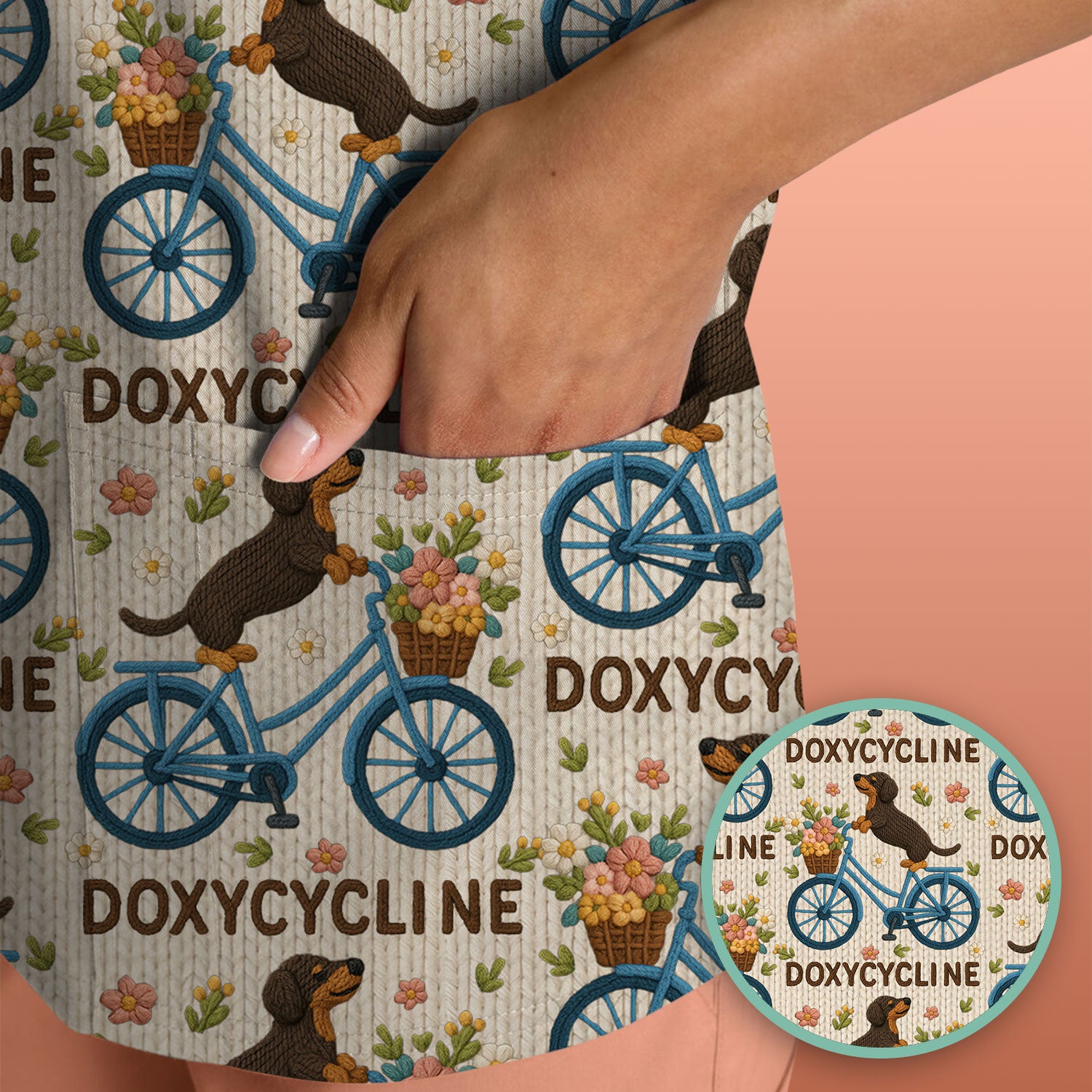 Doxycycline Pharmacy Pun Scrub Top - Dachshund on Bicycle Pharmacists Shirt - Veterinary Technicians Gift