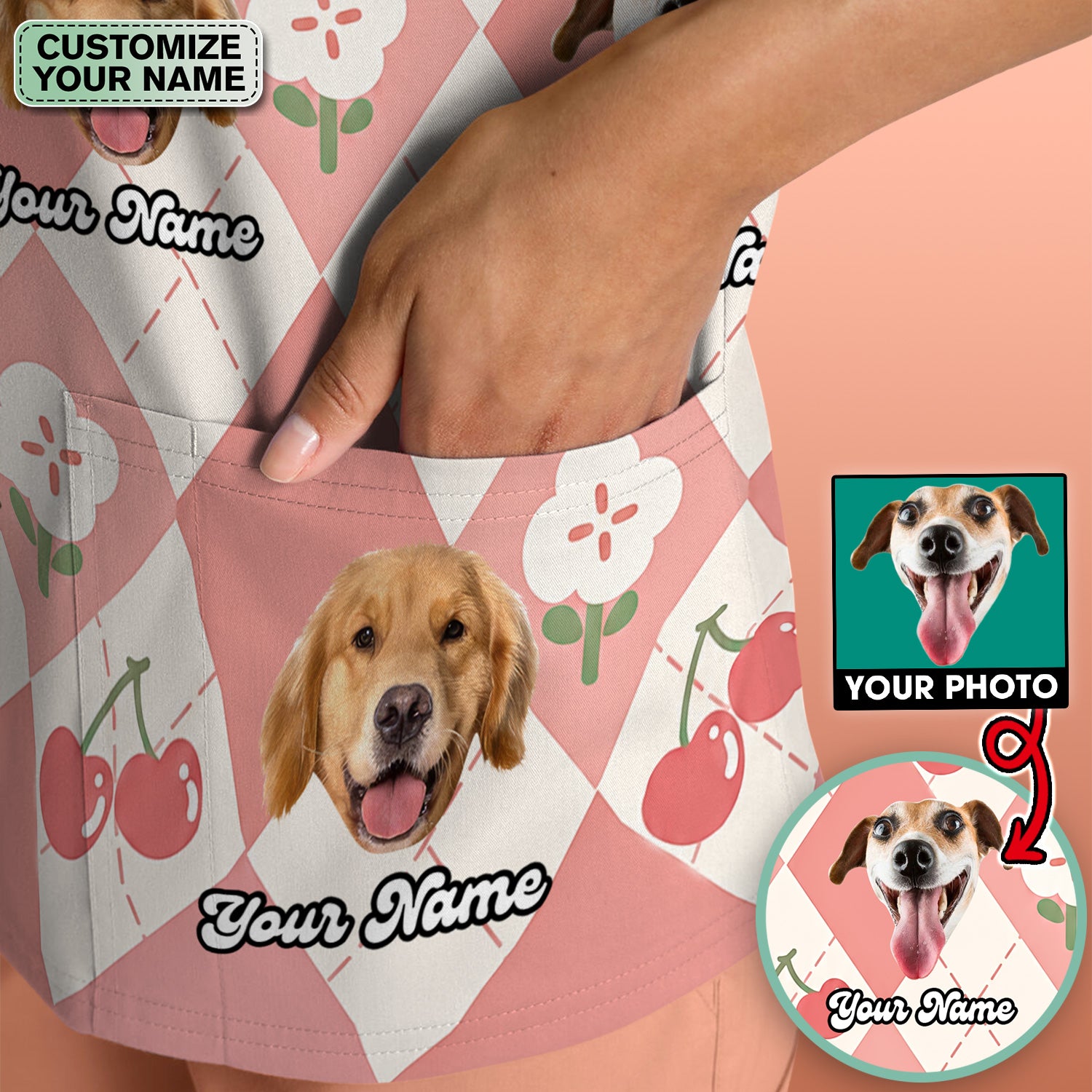 Custom Dog Face Scrub Top, Playful Dog Cherry Argyle Pattern Shirt, Comfortable Scrubs for Nurses