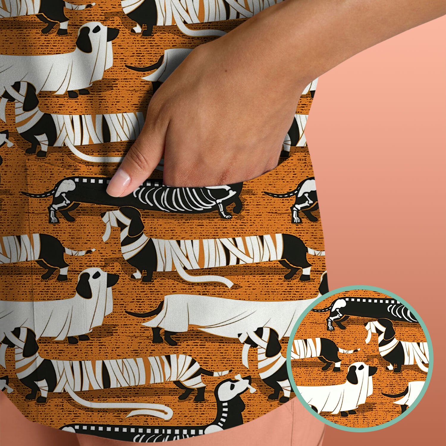Dachshund Halloween Scrub Shirt - Multi Color Dog Print Scrub Top - Funny Skeleton Nurse Scrubs Gift for Women Men, CNA, RN