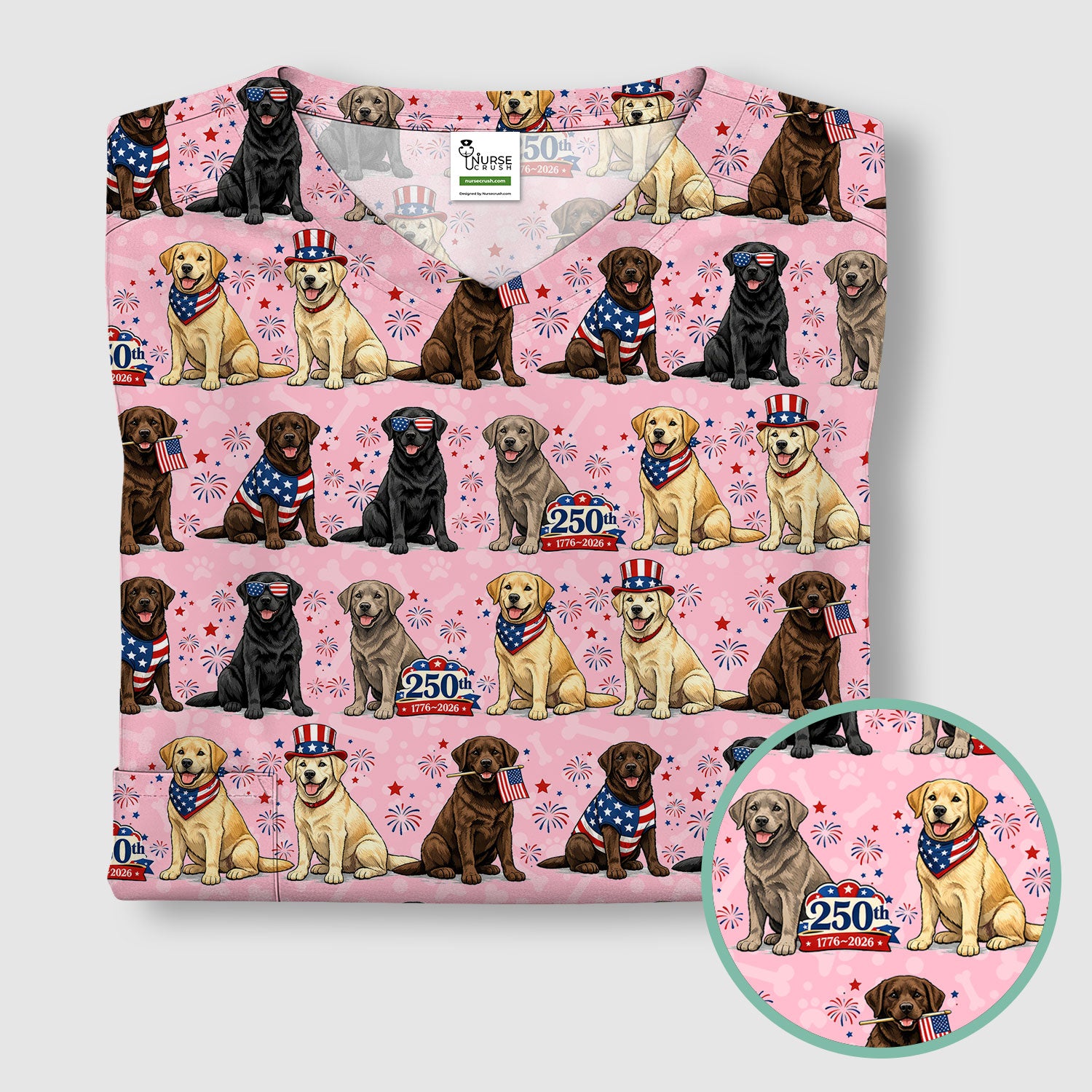 4th of July Labrador Dog Patriotic Print Scrub Top, USA Flag Nursing Uniform for Women