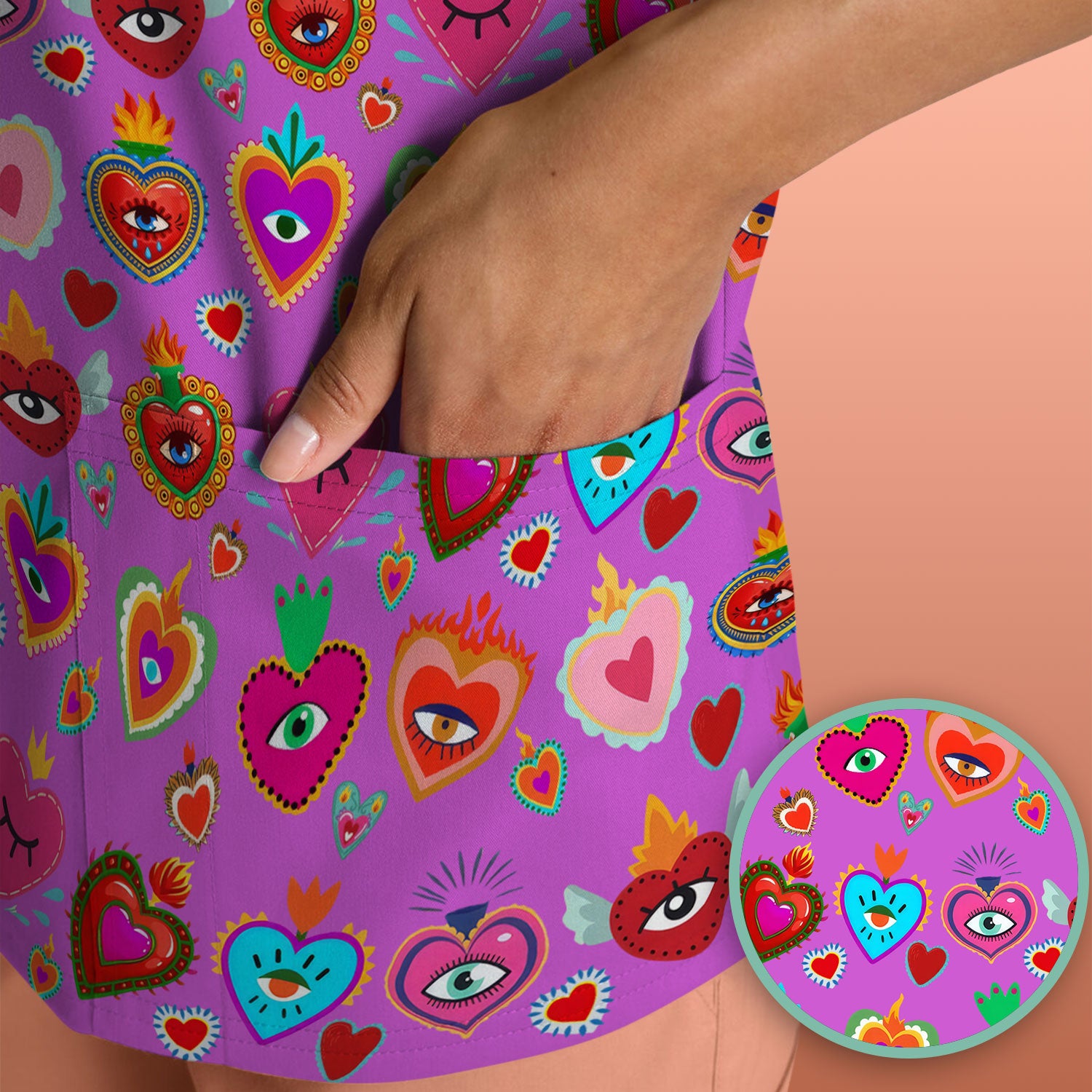 Valentine Colorful Sacred Heart Print Medical Scrub Top, Comfortable Scrubs for Nurses