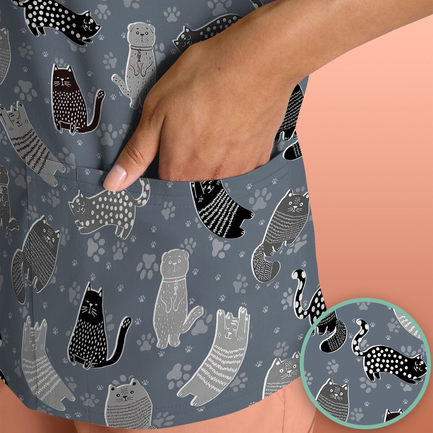 Cute Cat and Paw Print Pattern Scrub Top, Breathable Fabrics Nursing Uniform