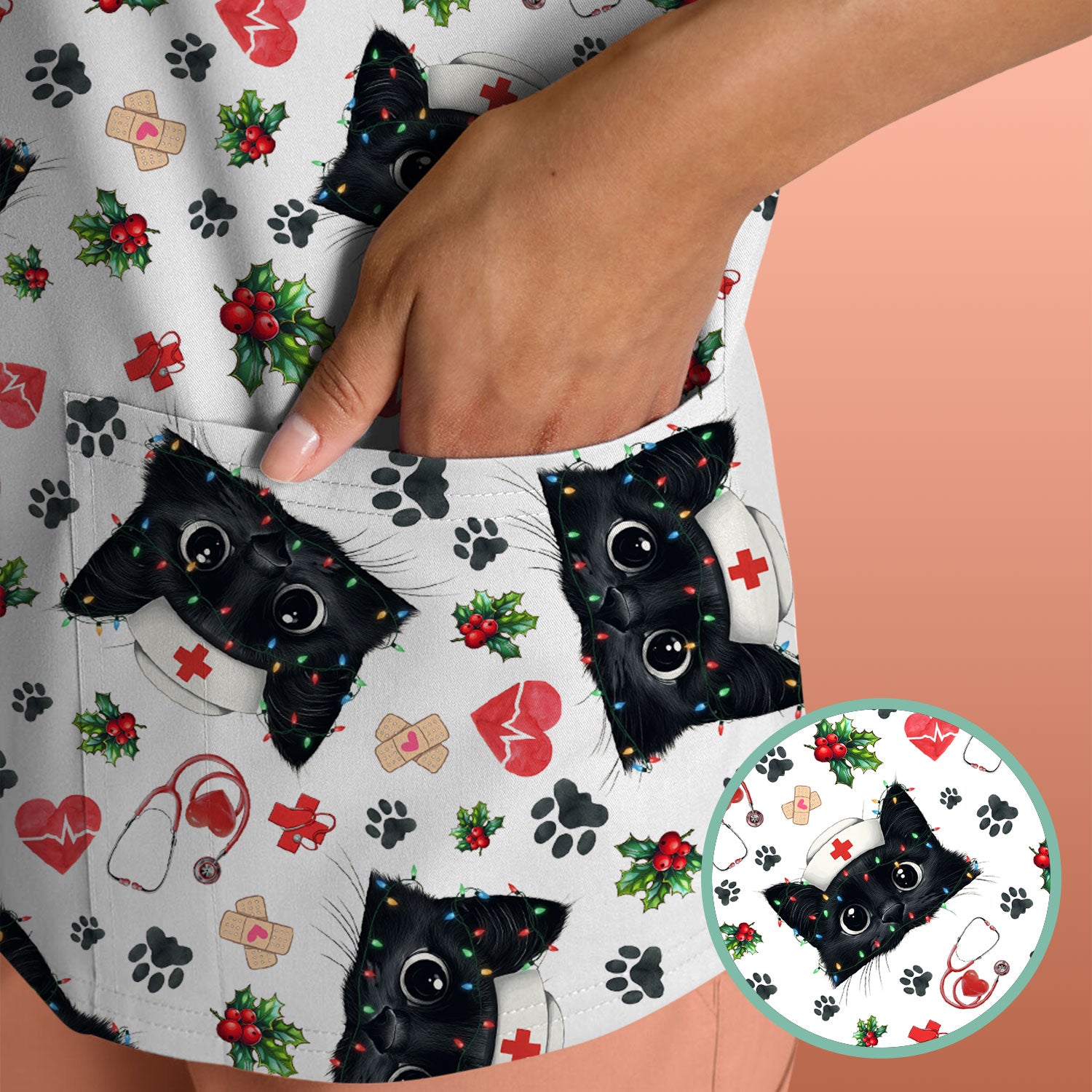 Funny Cats Scrub Top for Nurses - Black Kittens Christmas Medical Uniform - Jolly Holiday Gift for RN CNA LPN