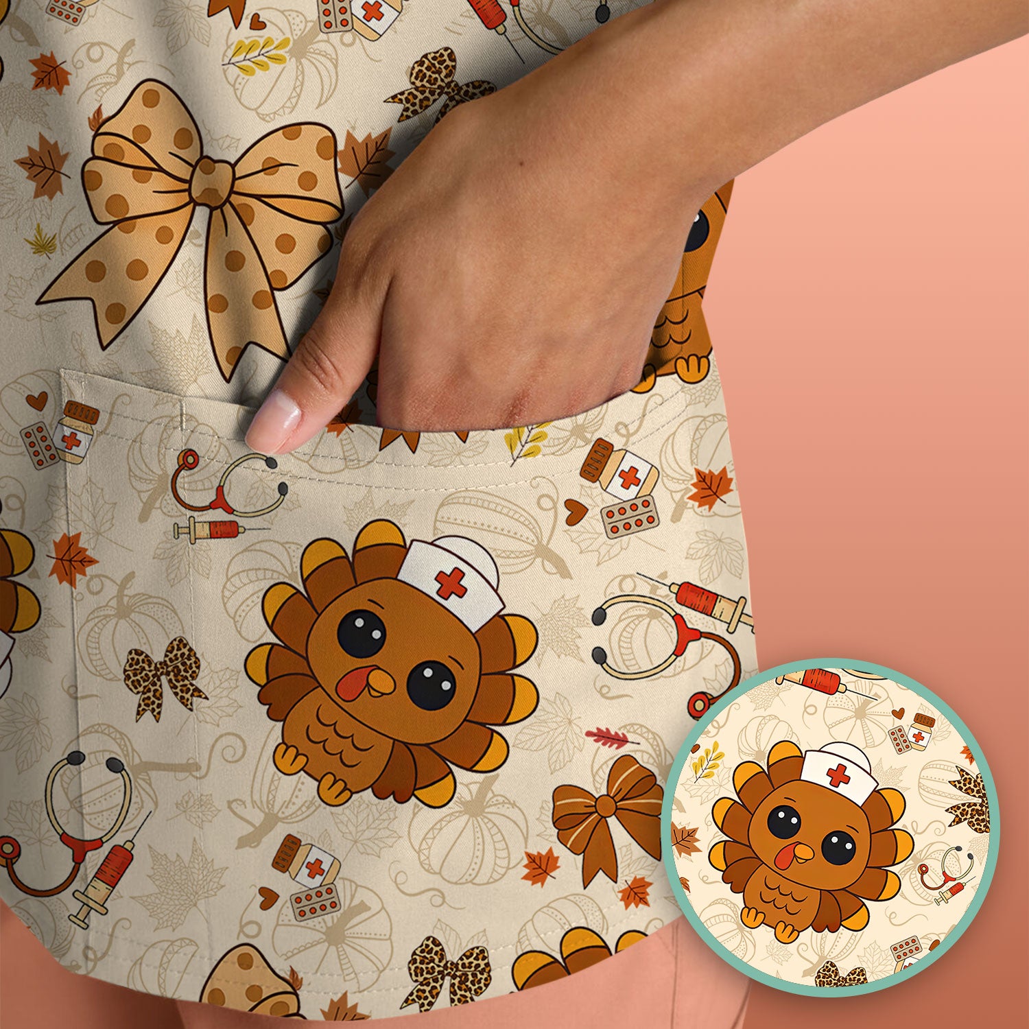 Thanksgiving Turkey Scrub for Nurses - Breathable Fabrics Nursing Uniform - Autumn Med Shirt Gift for Women