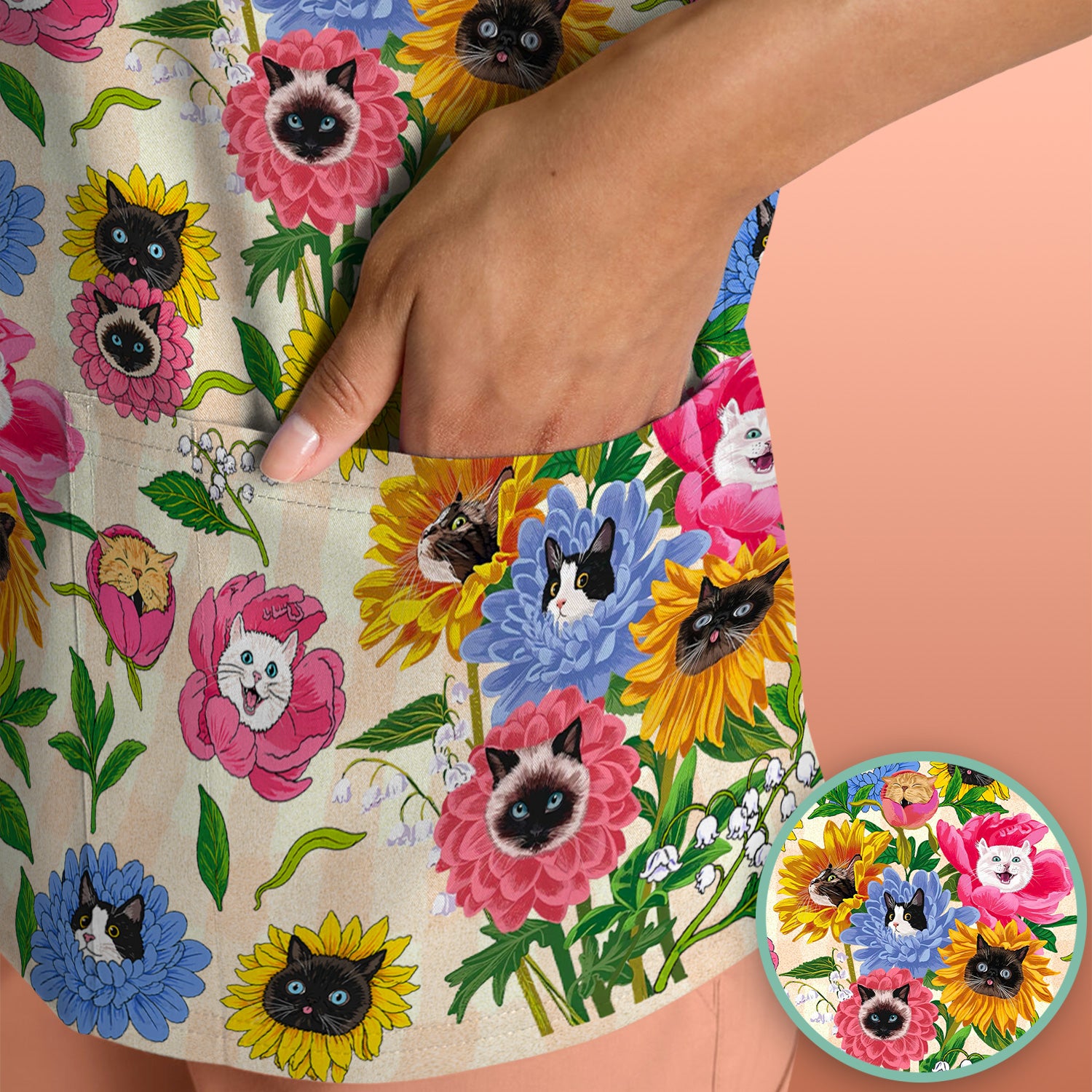 Cat Face Hidden In Colorful Flower Garden Scrub Top, Breathable Fabrics Nursing Uniform