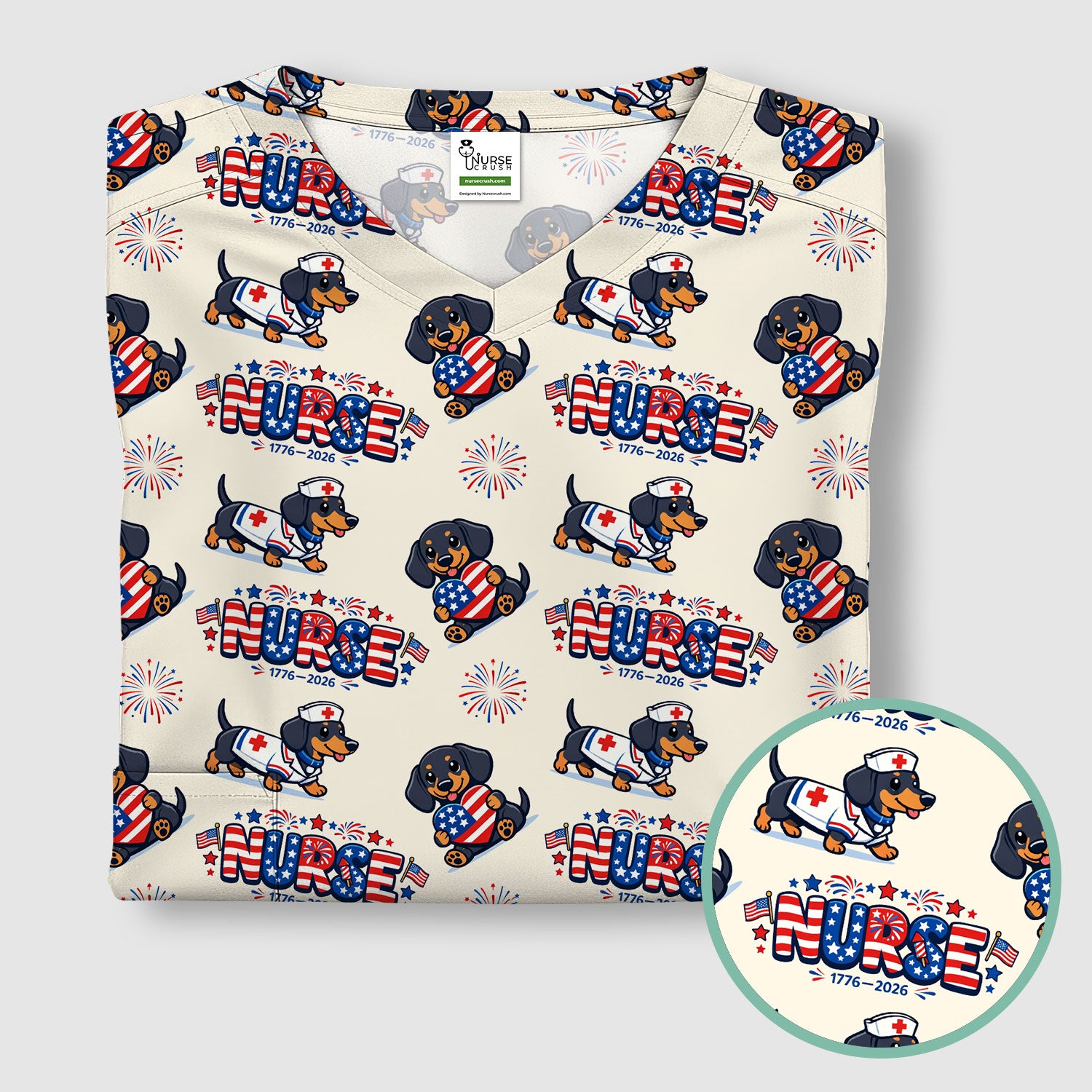 Proud Nurse Patriotic Dachshund Medical Firework Pattern Scrub Top, Comfortable Scrubs for Nurses