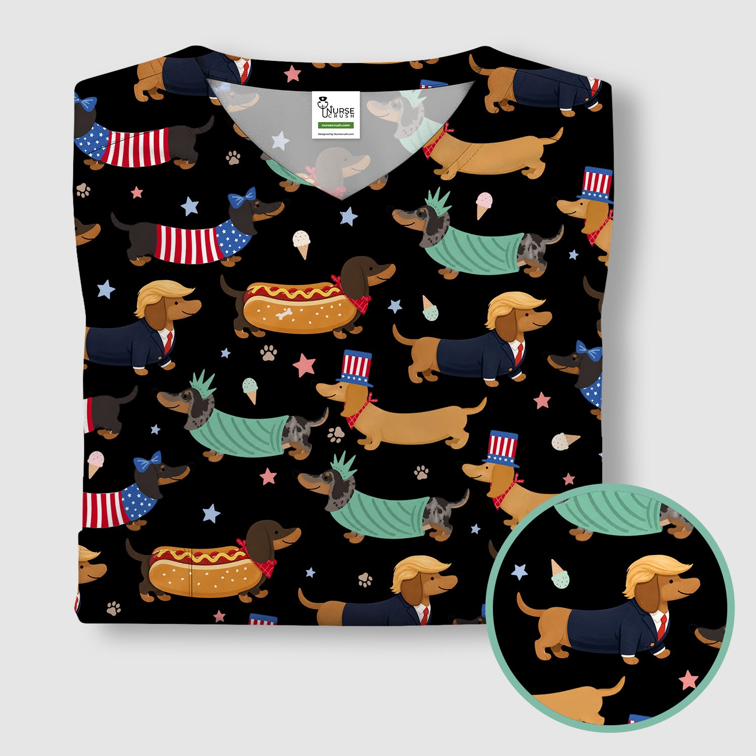 Funny Patriotic Dachshund Costume Dogs Pattern Scrub Top, Breathable Fabrics Nursing Uniform