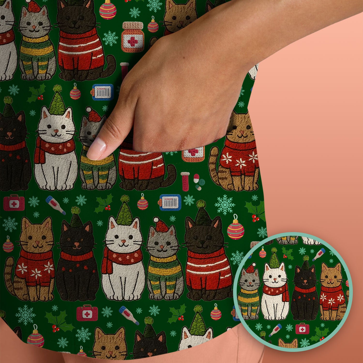 Christmas Cat Scrub Top, Funny Holiday Nurse Shirt, Festive Medical Uniform For Women RN LPN CNA Gift