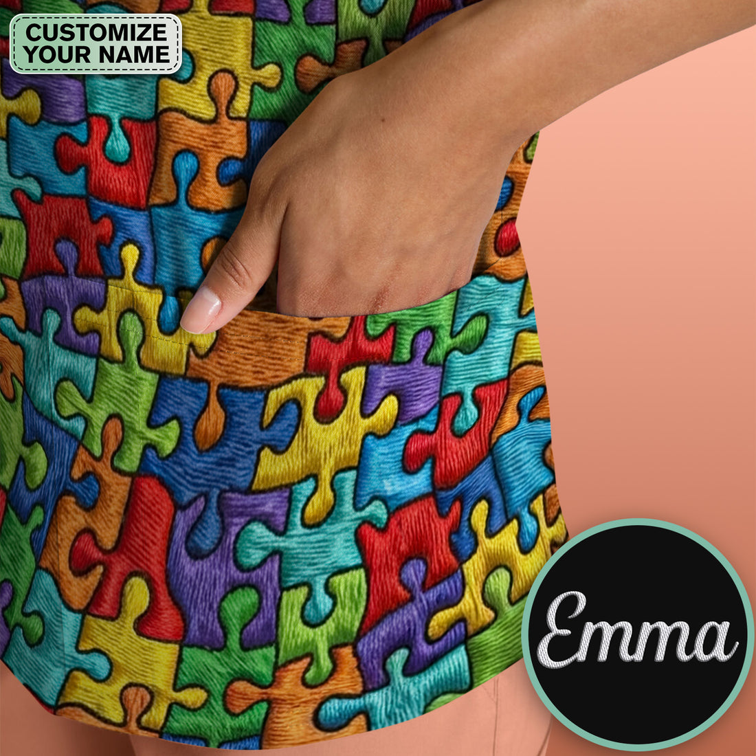 Personalized Autism Puzzle One Day At A Time Scrub Top,  Comfortable Scrubs for Nurses