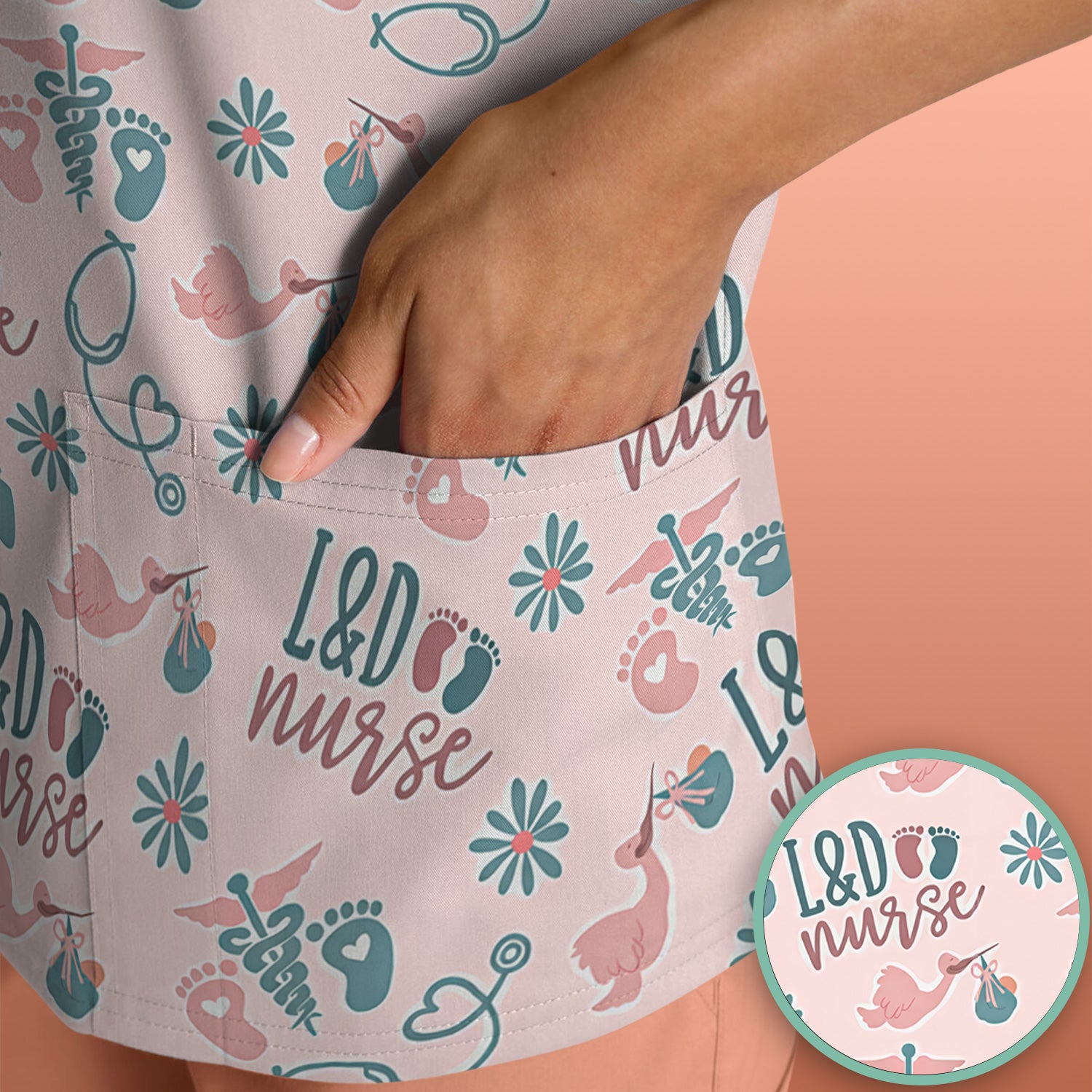 Cute Labor and Delivery Print V Neck Nursing Scrub Top Medical Uniform