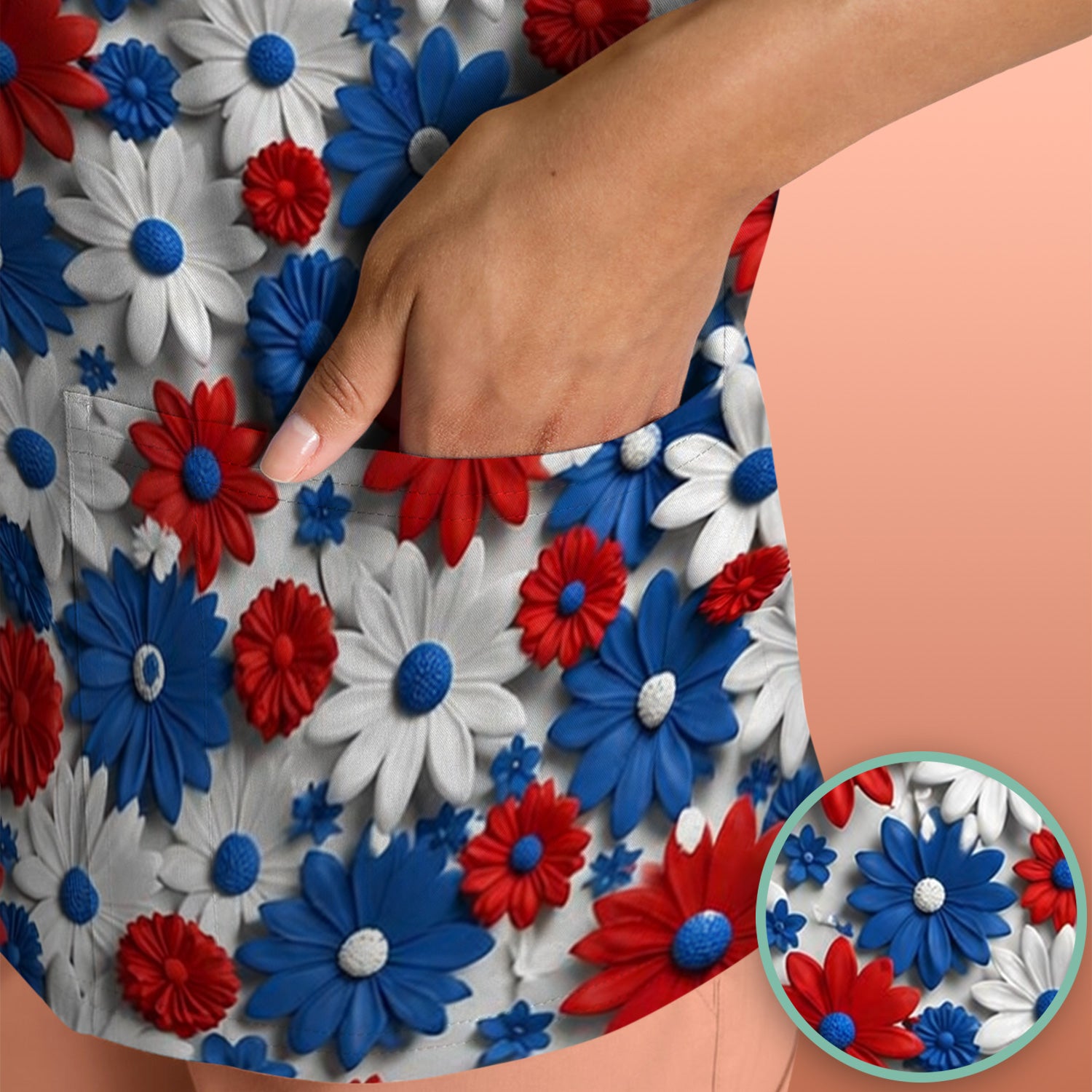 Patriotic Red Blue Daisy Floral Pattern Scrub Top, Comfortable Scrubs for Nurses