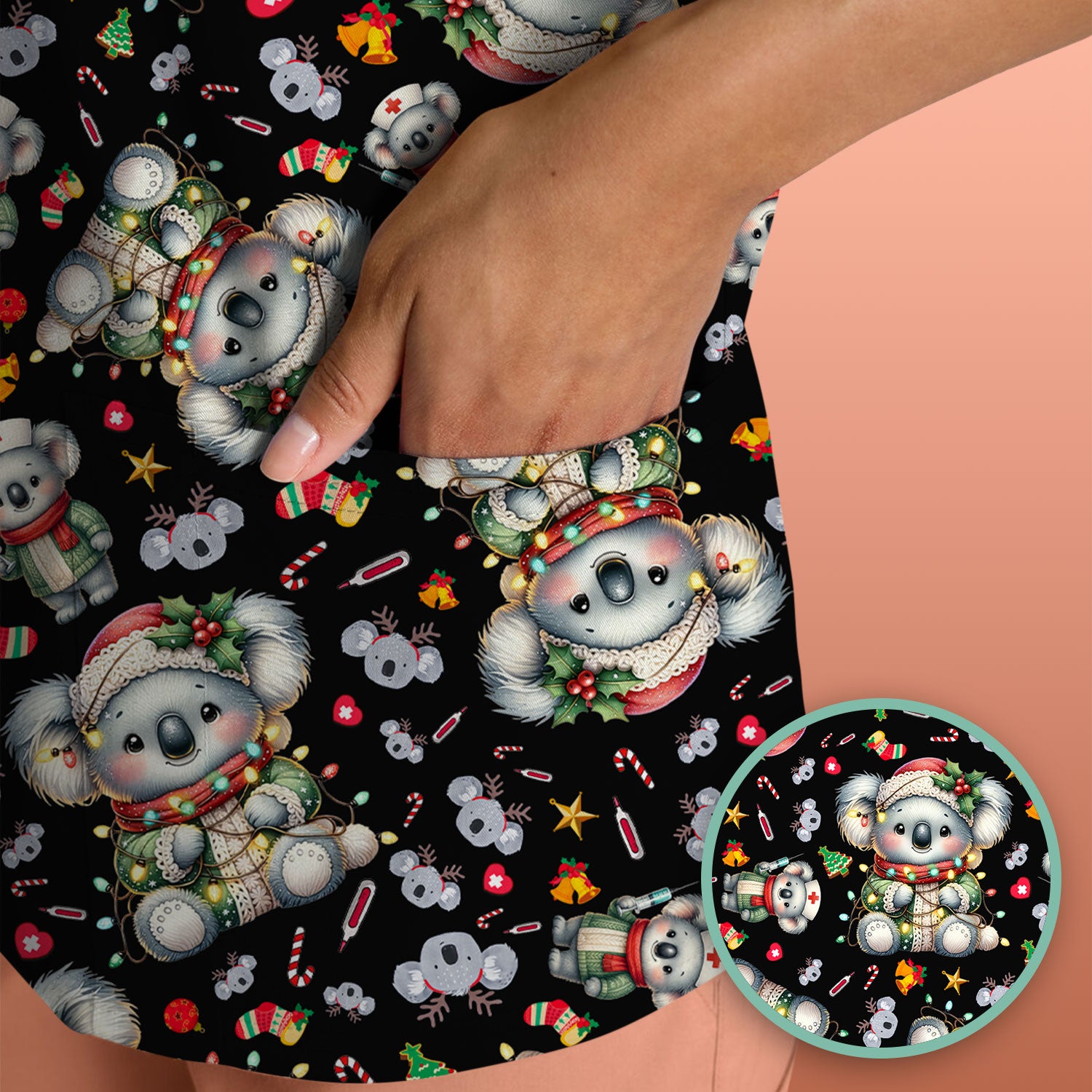 Christmas Koala Scrub Top - Cute Aussie Holiday Nurse Shirt for Women - Funny Animal Medical Uniform