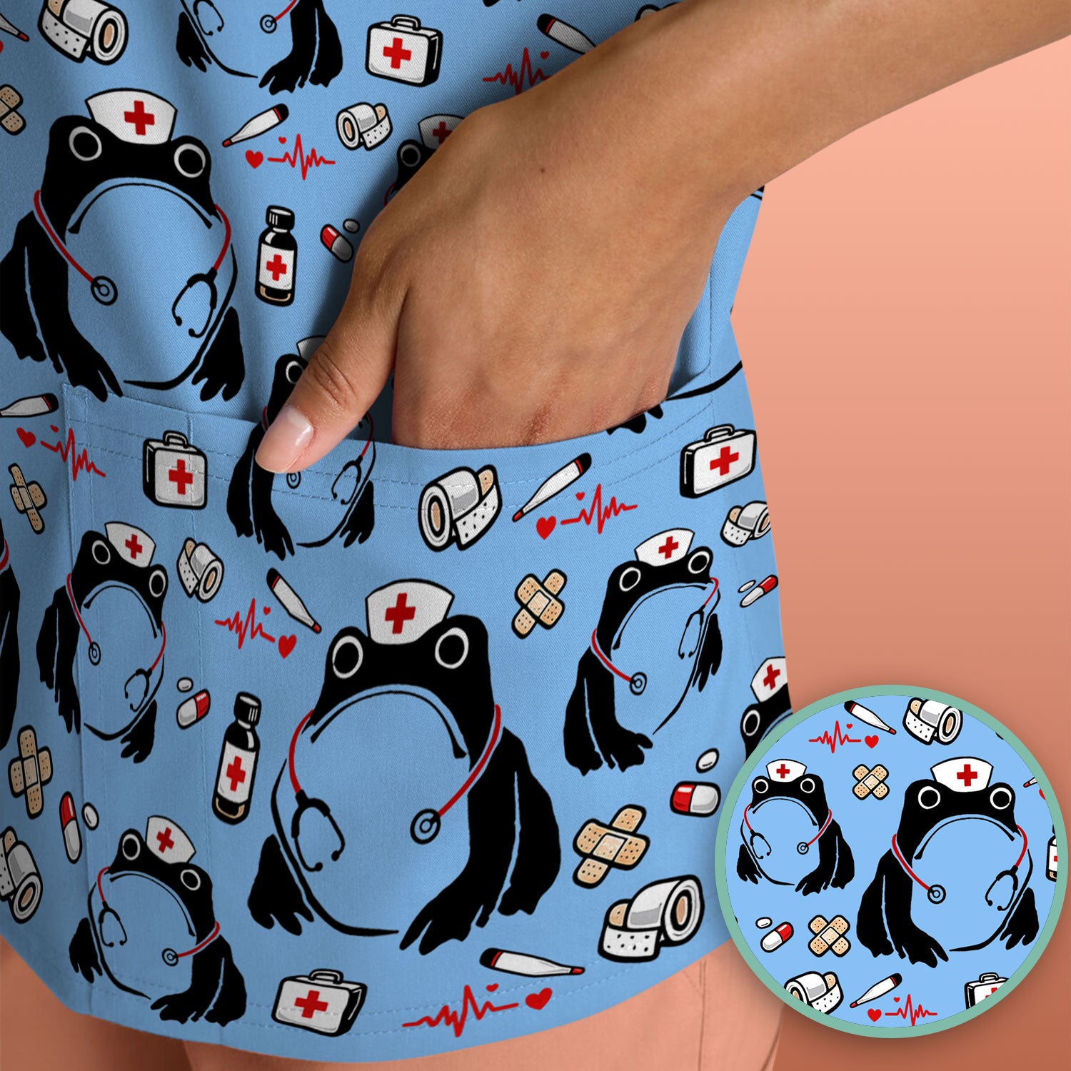 Cute Frog Nurse Medical Print Scrub Top, Comfortable Scrubs for Nurses