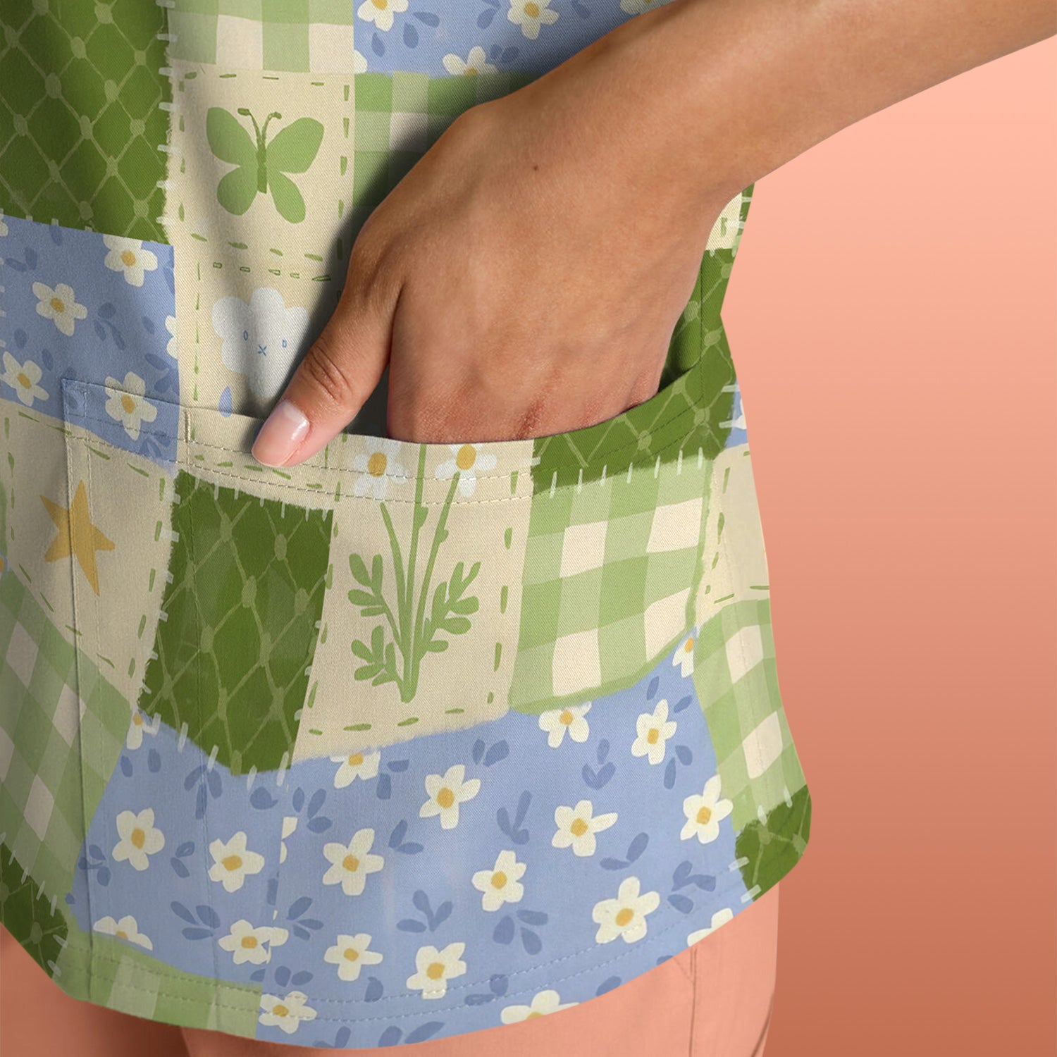 Green Patchwork Clover Floral Pattern Scrub Top, Comfortable Scrubs For Nurses