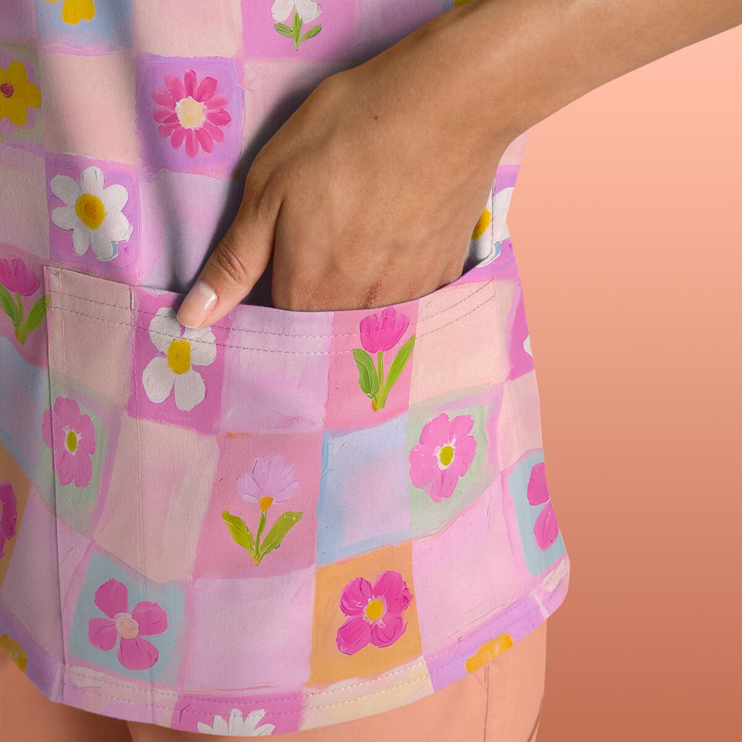 Colorful Mixed Flowers Pattern Scrubs Top, Comfortable Scrubs for Nurses