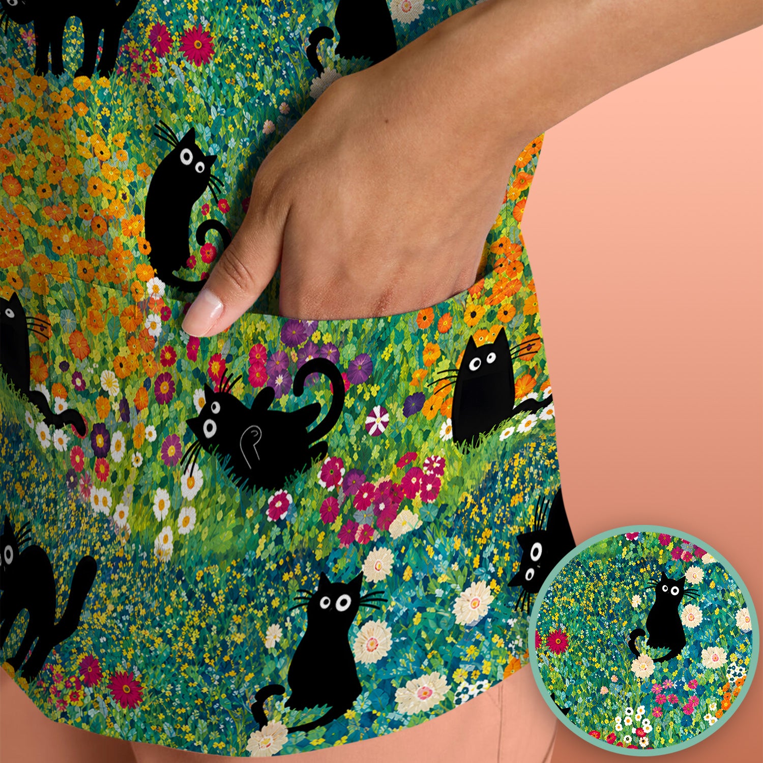 Black Cat Flower Garden Pattern Scrub Top for RN, CNA, Floral Medical Uniform