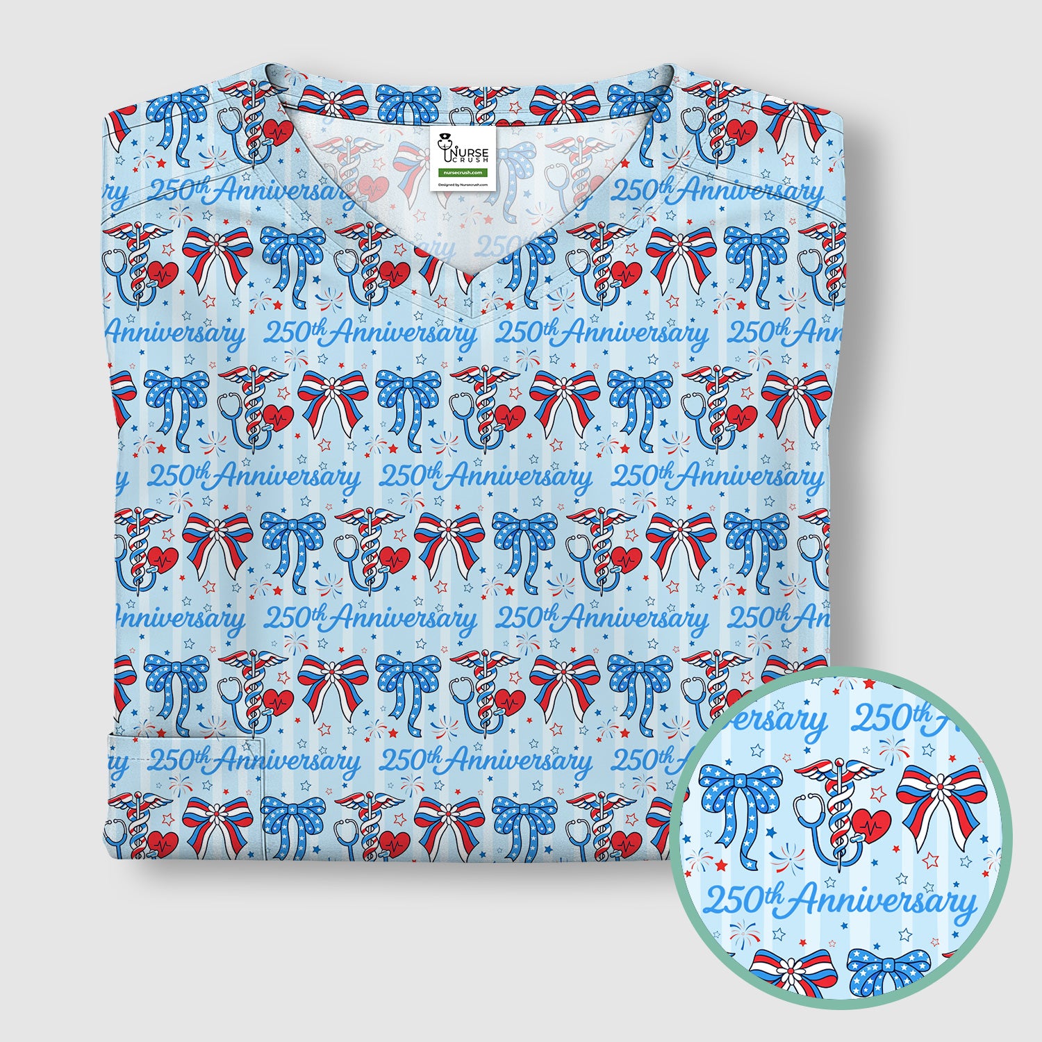 Festive 250th Anniversary Nurse Ribbon Heart Pattern Scrub Top, Comfortable Scrubs for Nurses