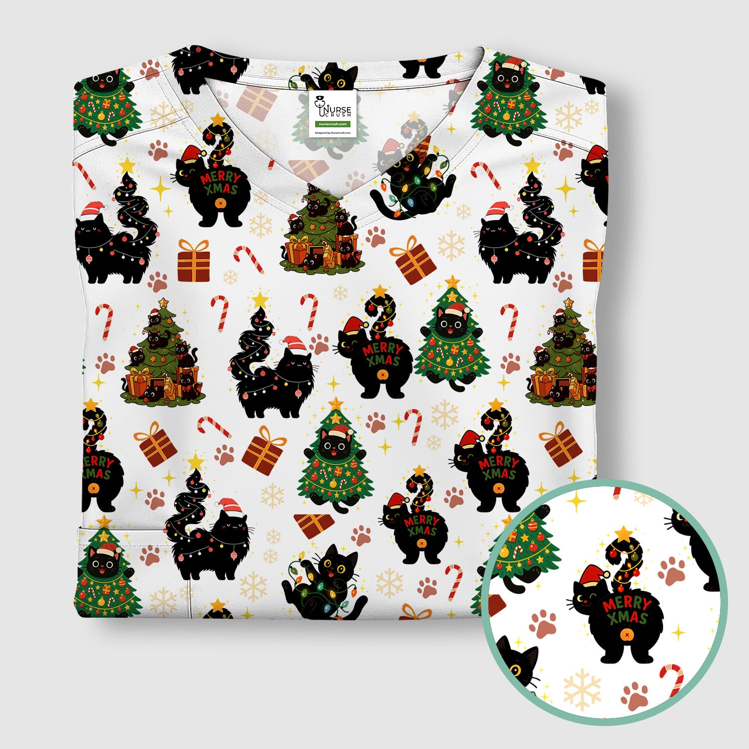 Funny Cat Print Nurse Scrub Top - Christmas Medical Shirt for Women & Men - Cute Holiday Gift Idea for RN CNA Doctor Scrubs