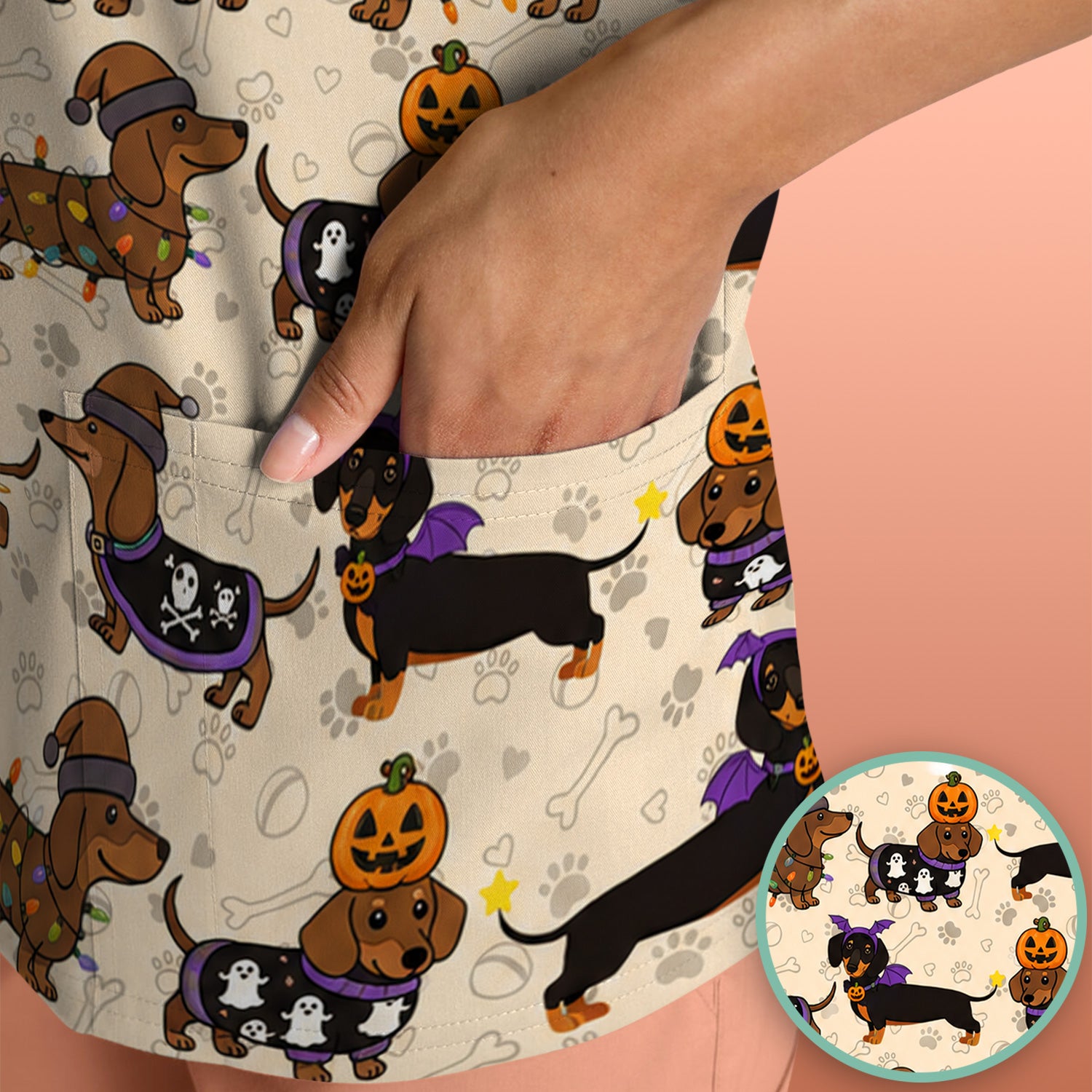Halloween Dachshund with Pumpkin Ghost Print Scrub Top, Comfortable Scrubs for Nurses